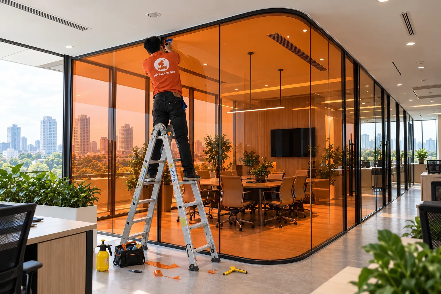 Thợ NND thi công phim dán kính màu cam cho vách kính phòng họp