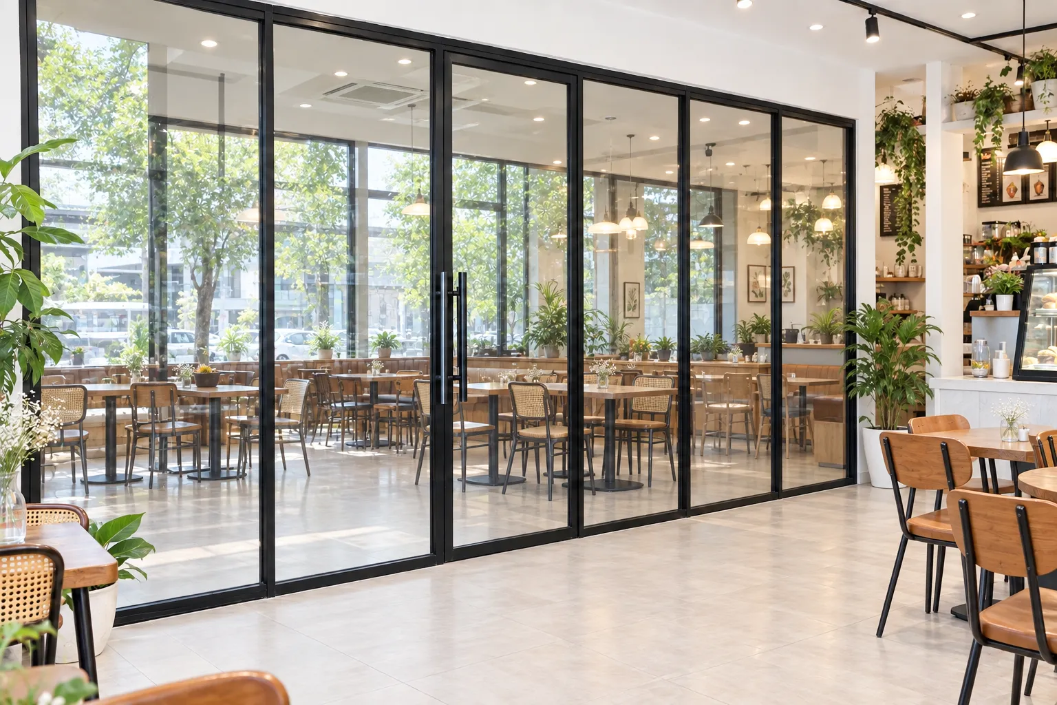 Vách cửa kính quán café trong suốt trước khi dán giấy dán kính trang trí