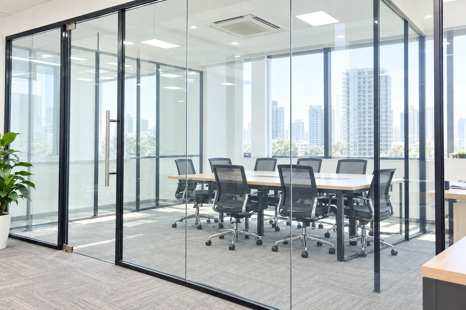 Vách kính phòng họp văn phòng trong suốt trước khi dán giấy dán kính trang trí
