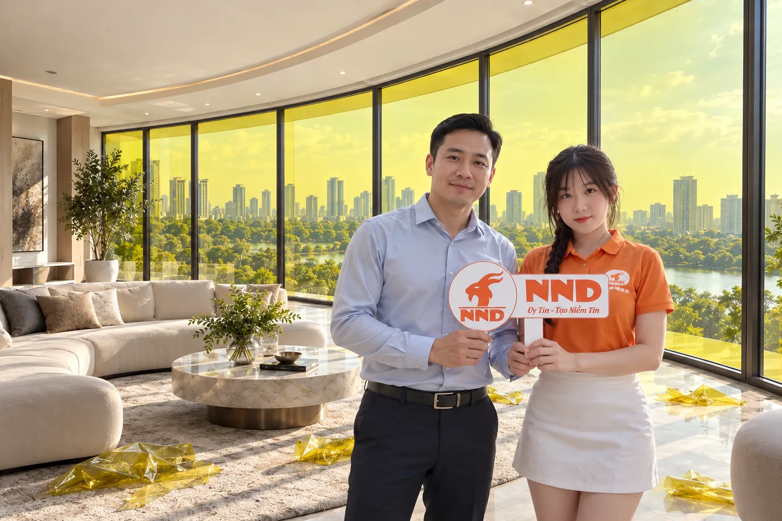 Cửa kính nhà ở sau khi hoàn thiện phim dán kính màu vàng