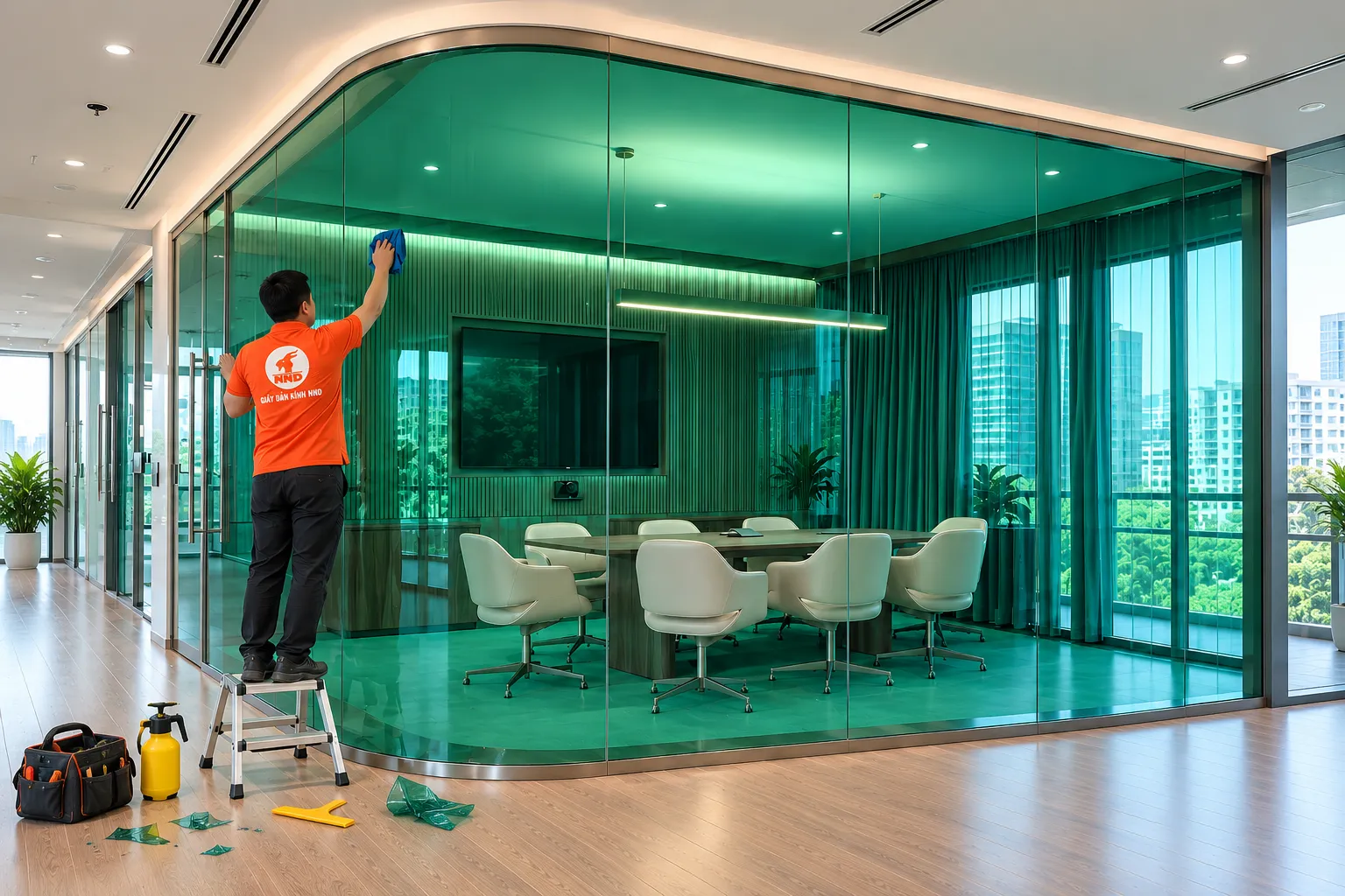 Thợ NND hoàn thiện phim dán kính màu xanh lá cho vách kính phòng họp