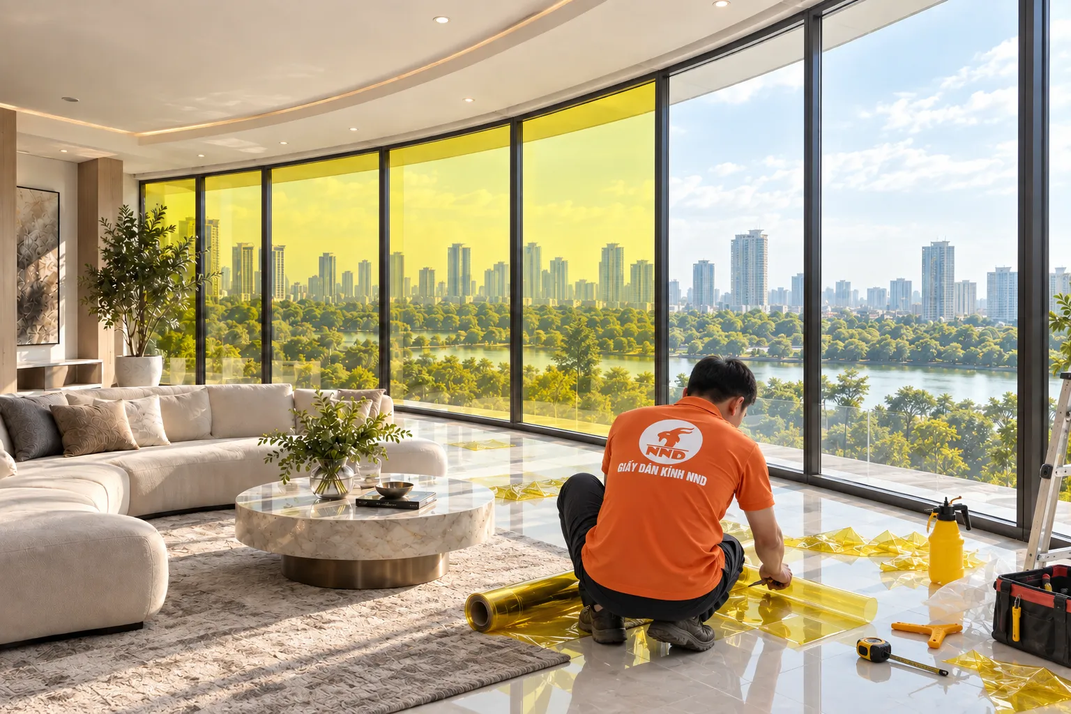 Thợ NND cắt phim dán kính màu vàng theo kích thước cửa kính nhà ở
