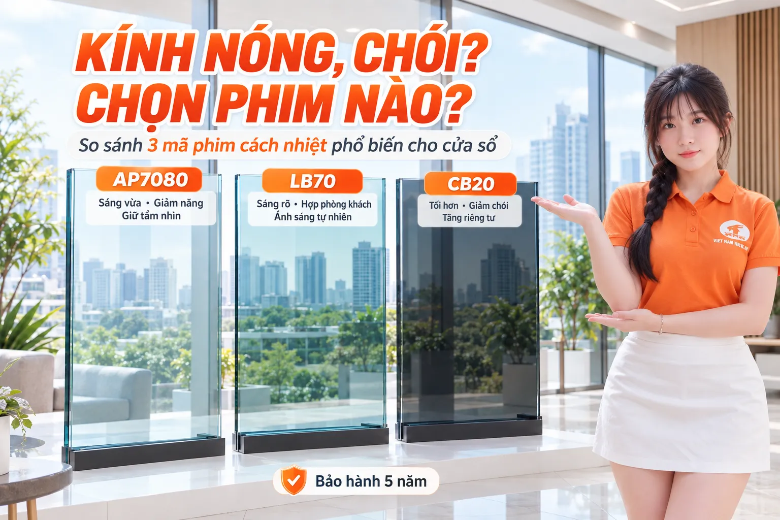 So sánh phim cách nhiệt AP7080 LB70 CB20 cho kính nóng chói cần chống nắng