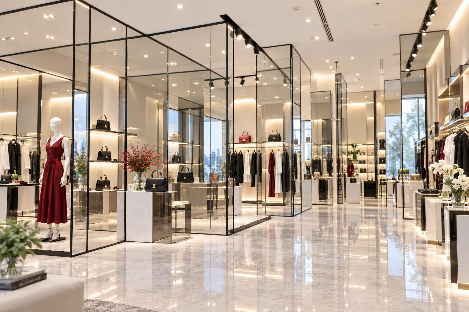 Vách kính showroom trước khi thi công phim dán kính màu đỏ
