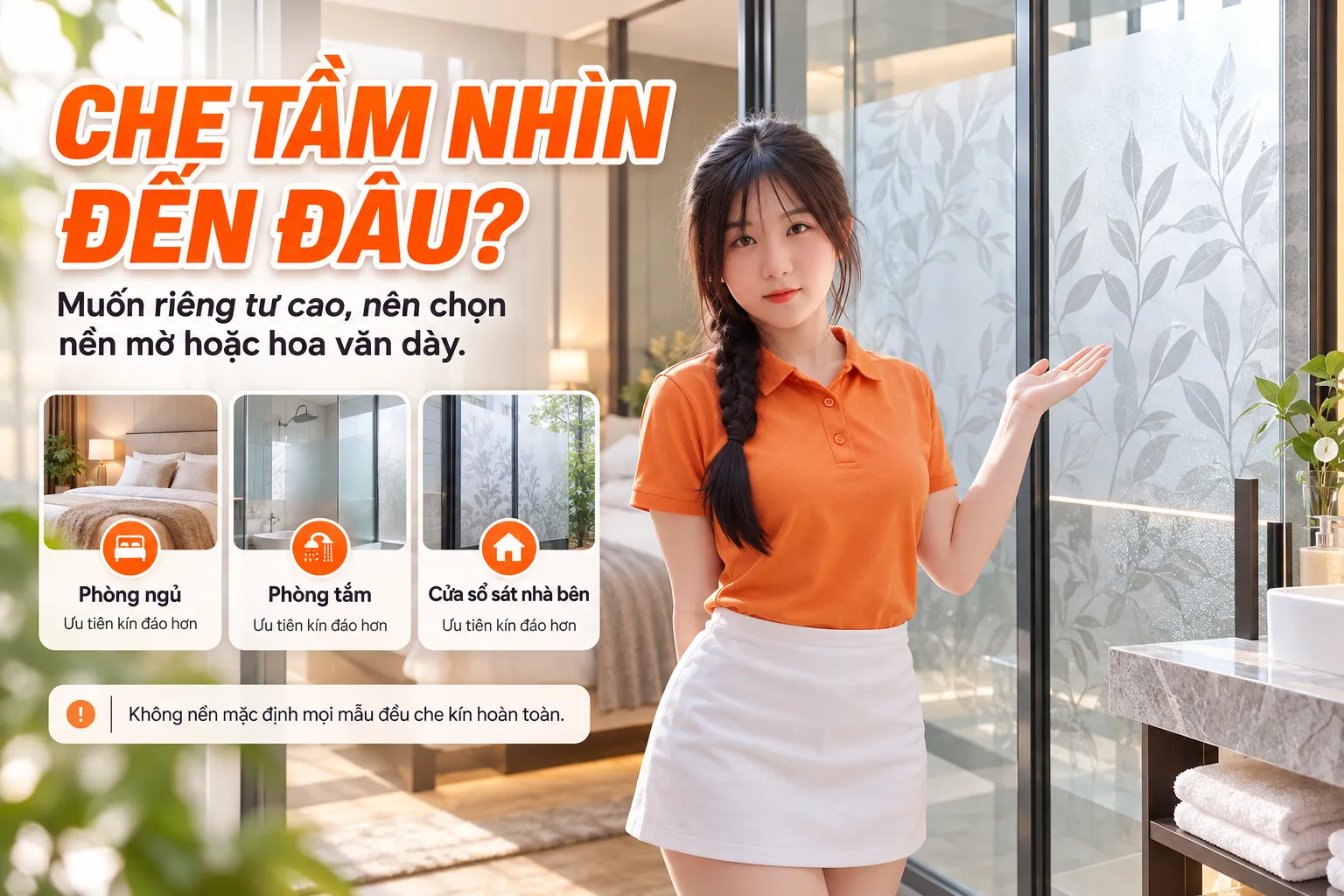 Infographic hướng dẫn chọn giấy dán kính trang trí nền mờ hoặc hoa văn dày cho phòng ngủ, phòng tắm và cửa sổ cần riêng tư cao