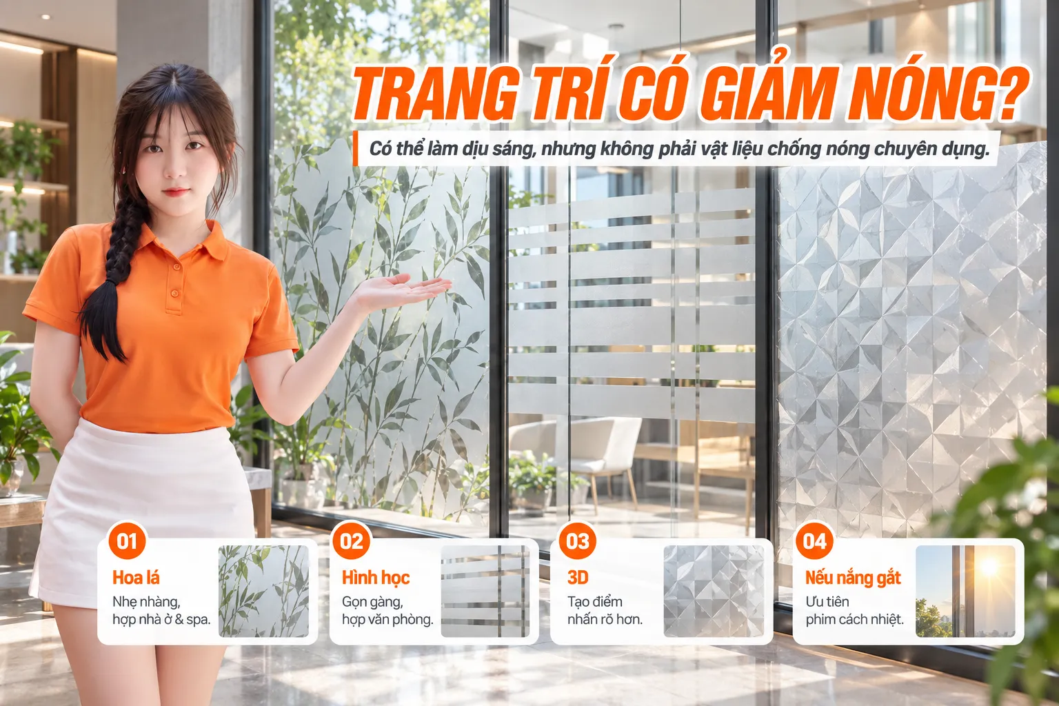 Infographic giải thích giấy dán kính trang trí có thể làm dịu ánh sáng nhưng không phải vật liệu chống nóng chuyên dụng