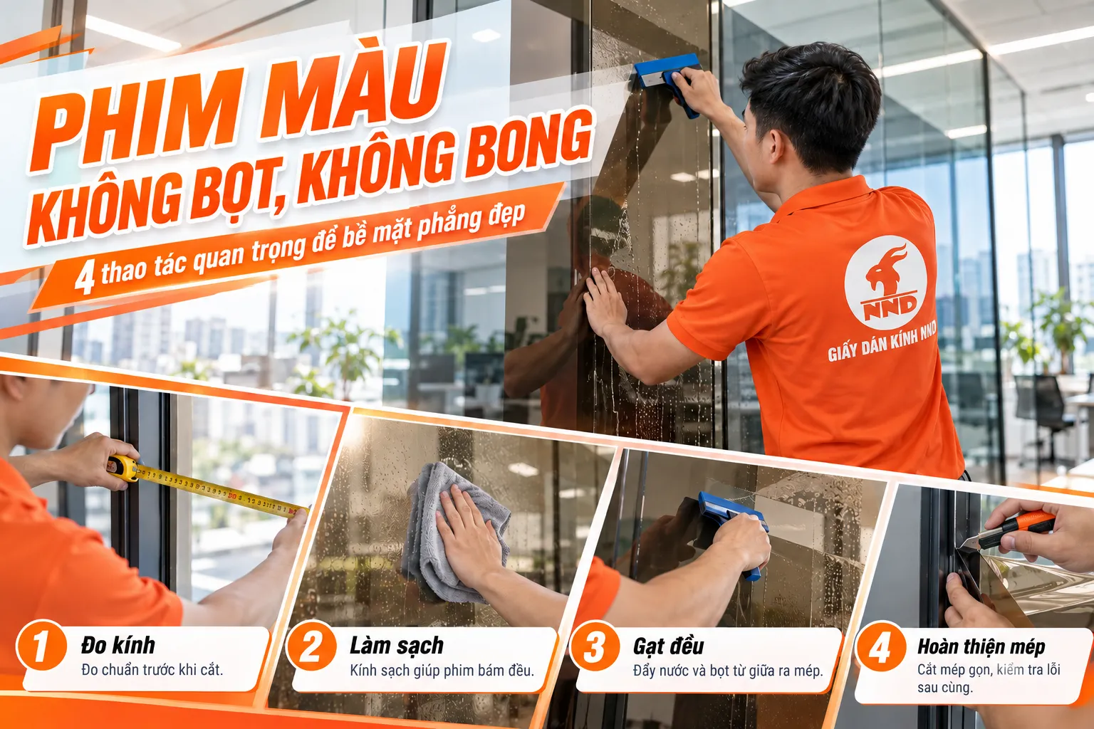 Thi công phim dán kính màu không bọt không bong mép với 4 thao tác đo kính làm sạch gạt đều và hoàn thiện mép