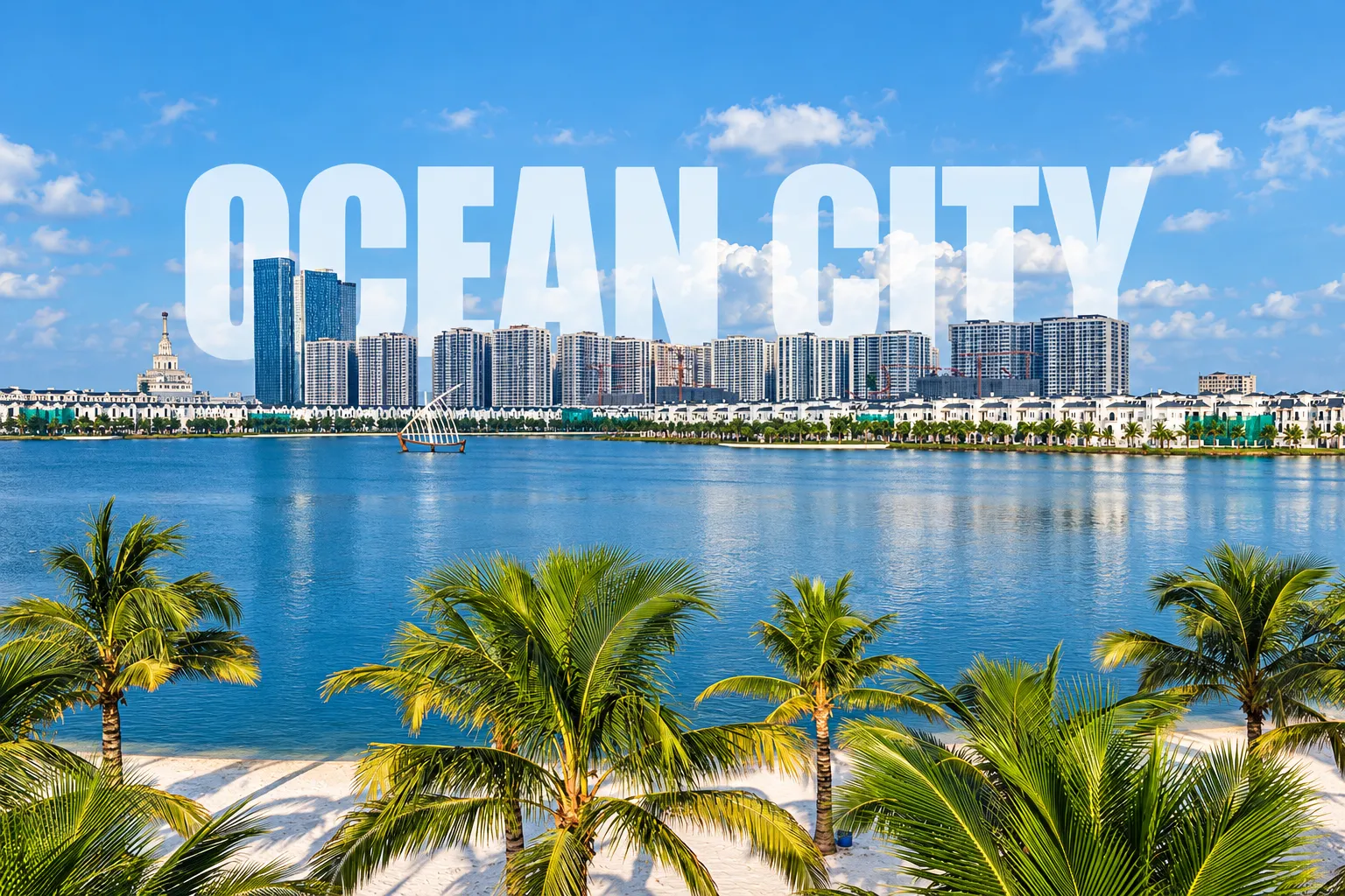 Toàn cảnh khu đô thị Ocean City với hồ nước, các tòa căn hộ và dãy biệt thự