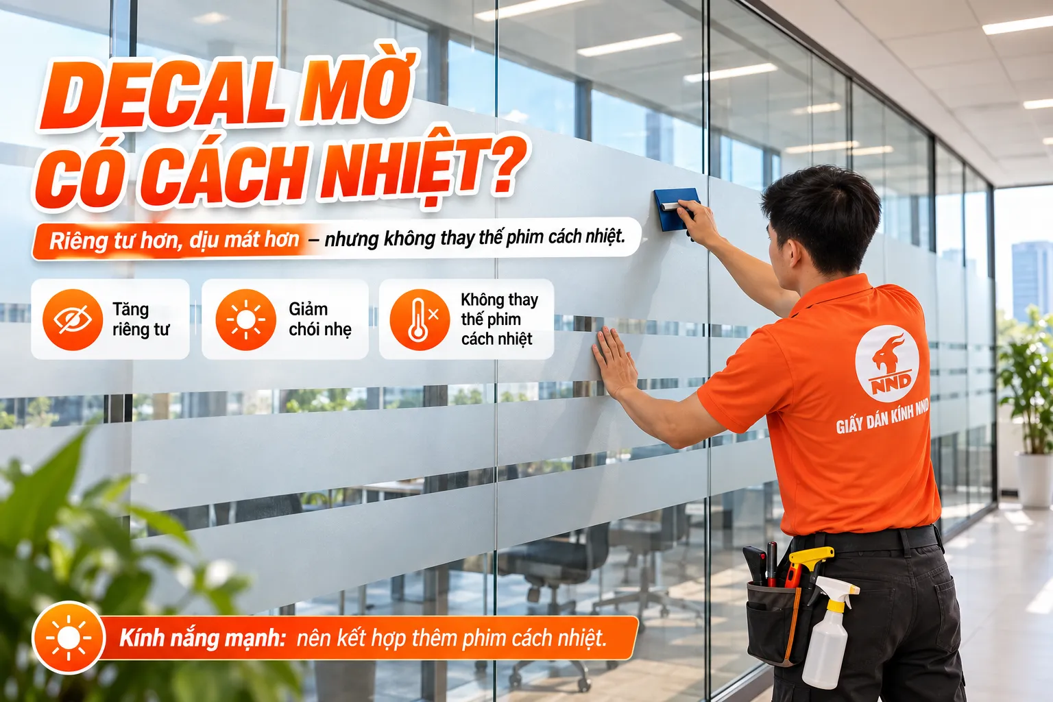Thợ NND thi công decal mờ cho vách kính văn phòng, minh họa decal mờ tăng riêng tư và giảm chói nhẹ nhưng không thay thế phim cách nhiệt