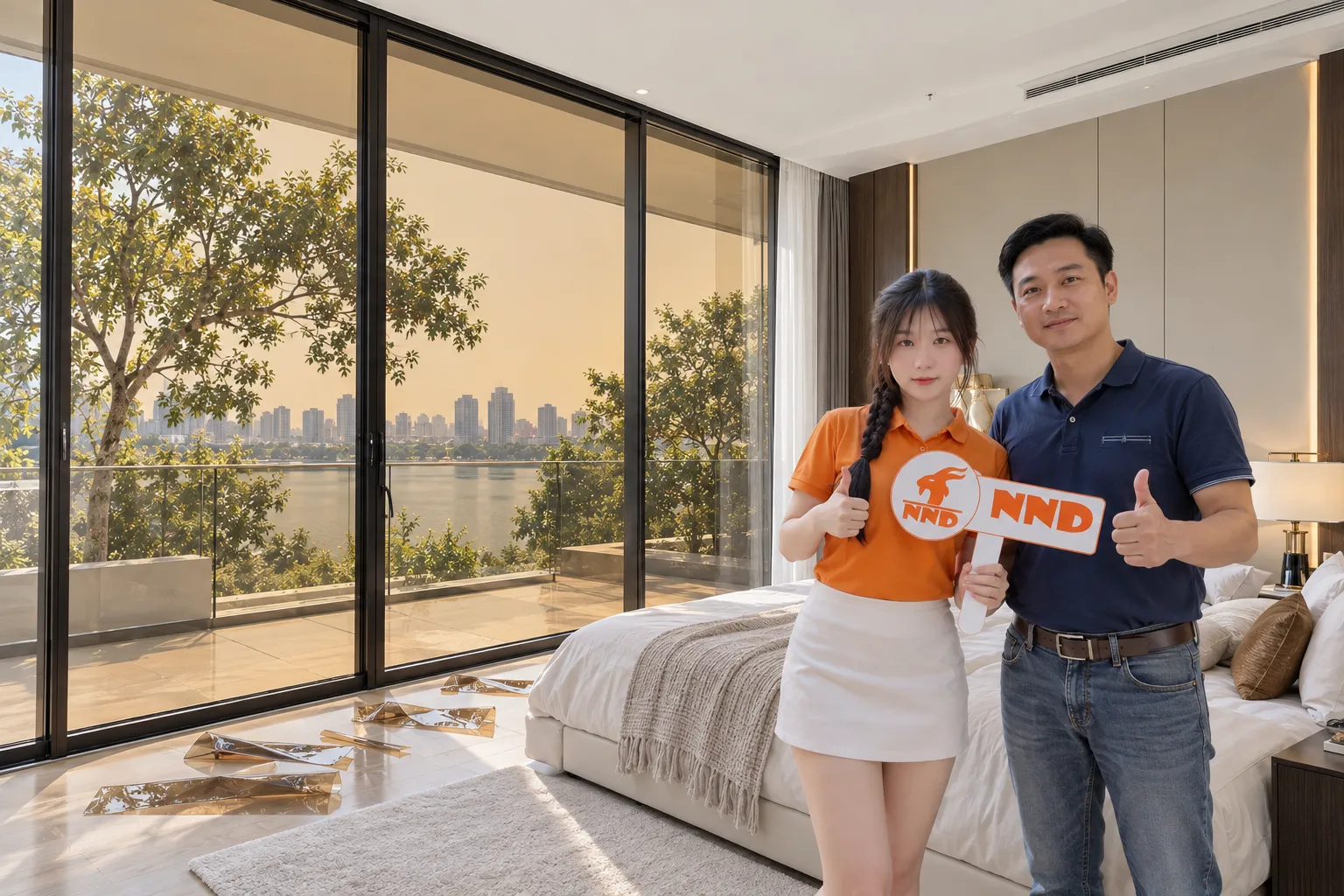 Khách hàng chụp ảnh cùng nhân viên NND sau khi hoàn thiện phim dán kính màu trà cho cửa kính phòng ngủ