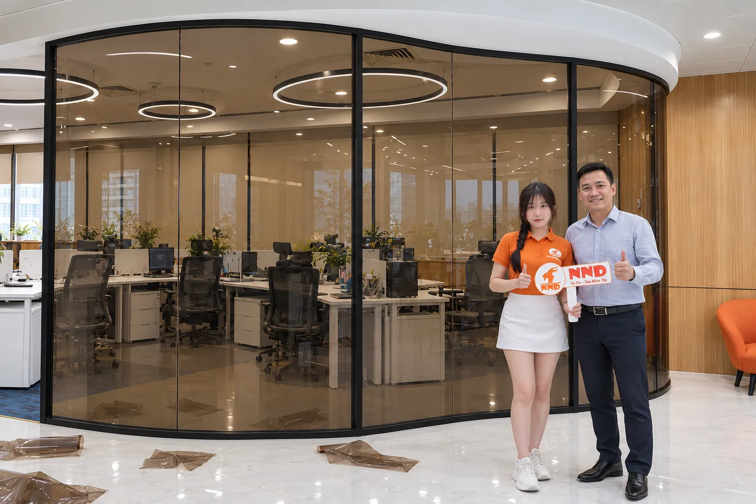 Vách kính văn phòng dán phim màu trà tạo không gian hiện đại và tone trầm
