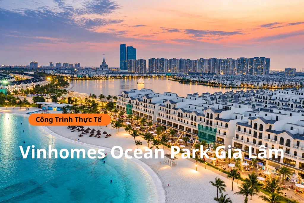 Toàn cảnh khu biệt thự và hồ cảnh quan tại Vinhomes Ocean Park vào lúc hoàng hôn