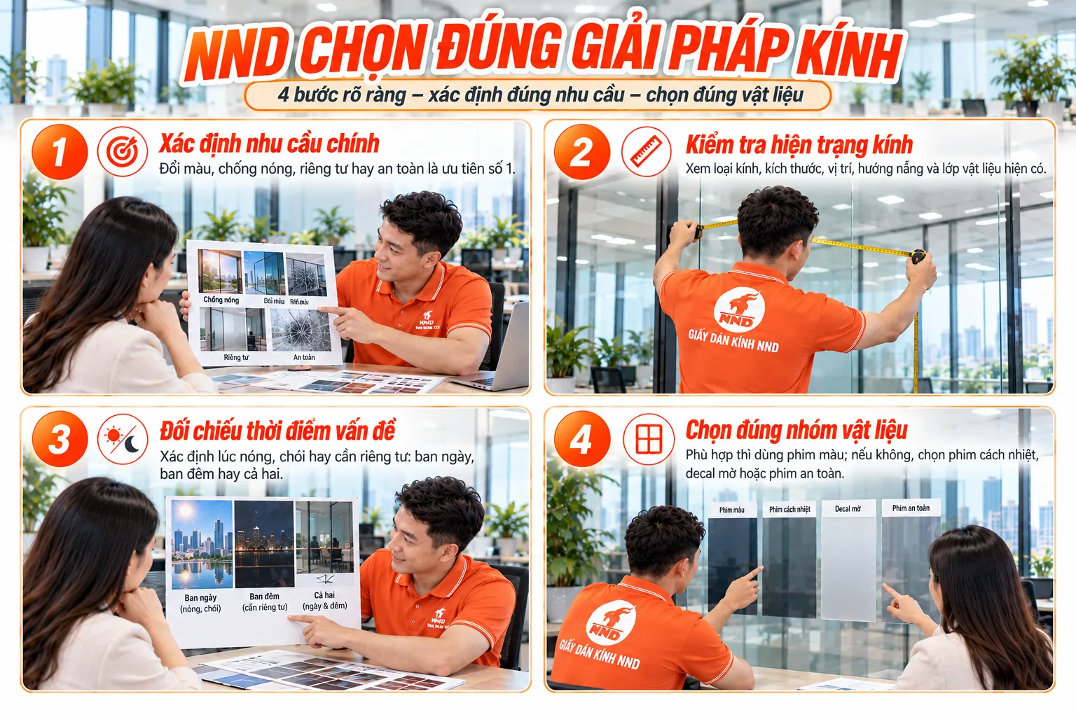 Quy trình NND chọn giải pháp kính theo nhu cầu chống nóng riêng tư đổi màu và an toàn
