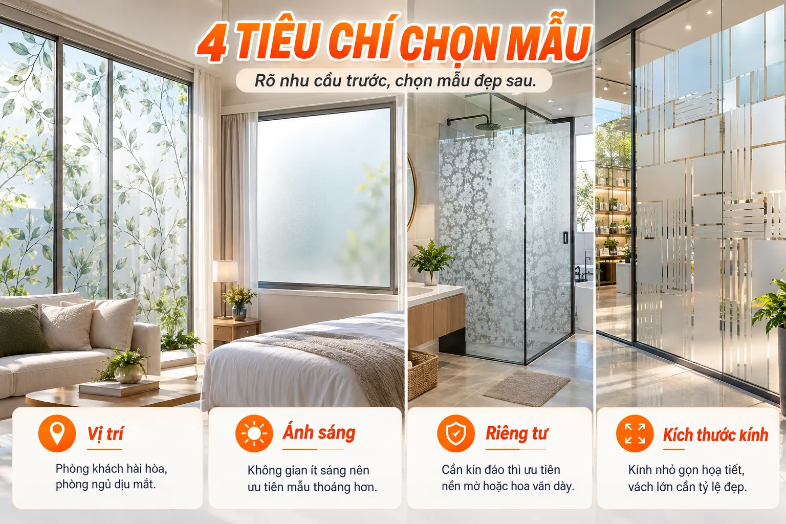 Infographic 4 tiêu chí chọn giấy dán kính trang trí theo vị trí, ánh sáng, riêng tư và kích thước kính
