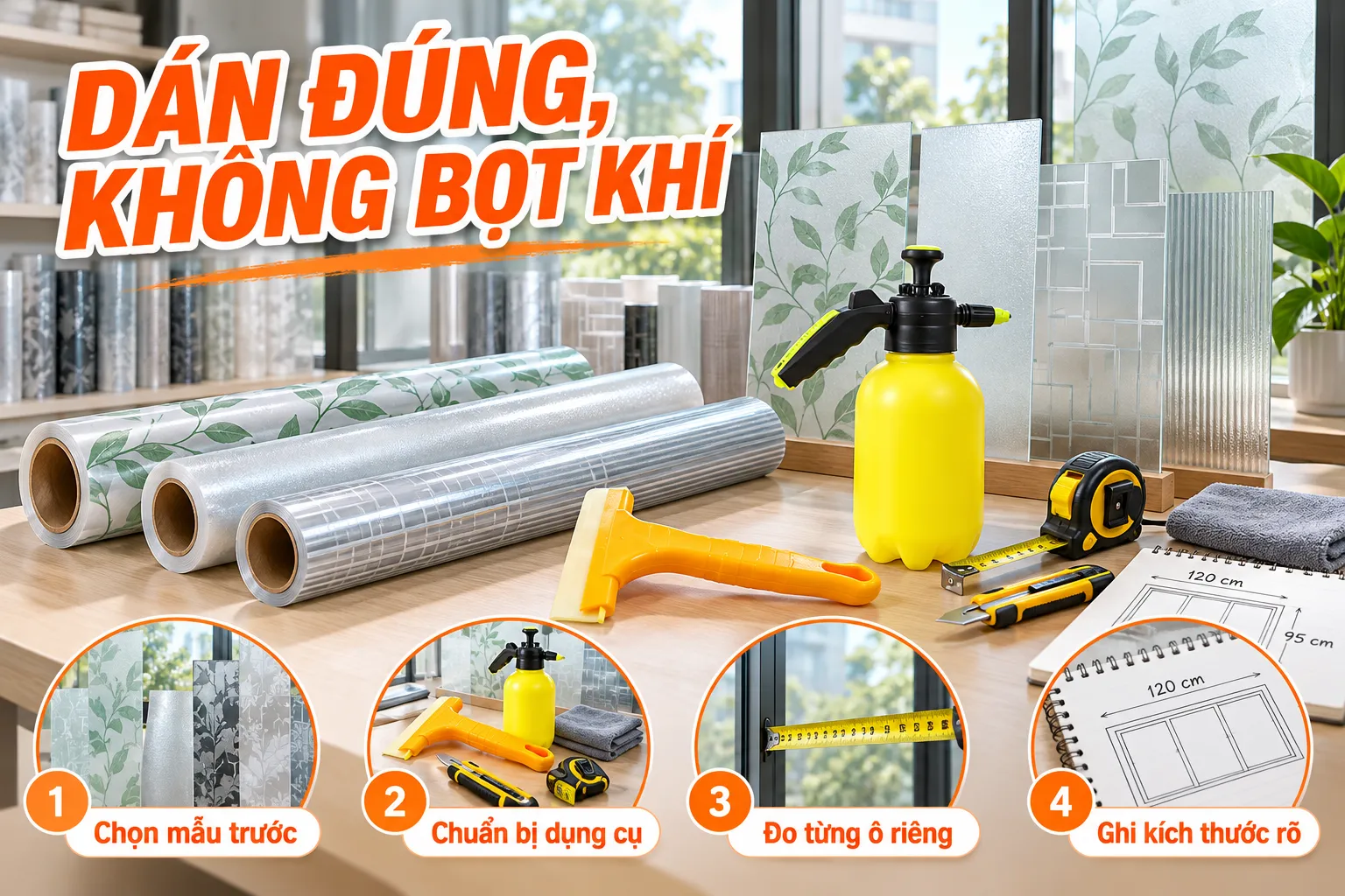 Dụng cụ và vật liệu cần chuẩn bị trước khi dán giấy dán kính trang trí