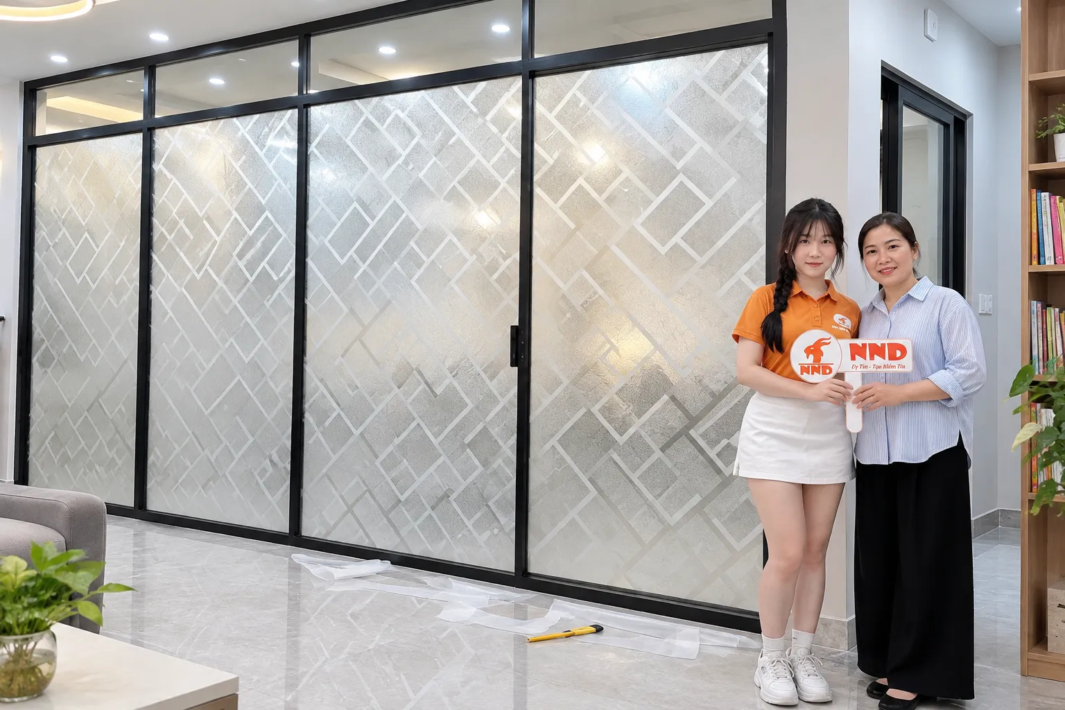 Khách hàng chụp ảnh cùng nhân viên NND trước vách kính lớp học đã dán giấy trang trí hoa văn giúp tăng riêng tư