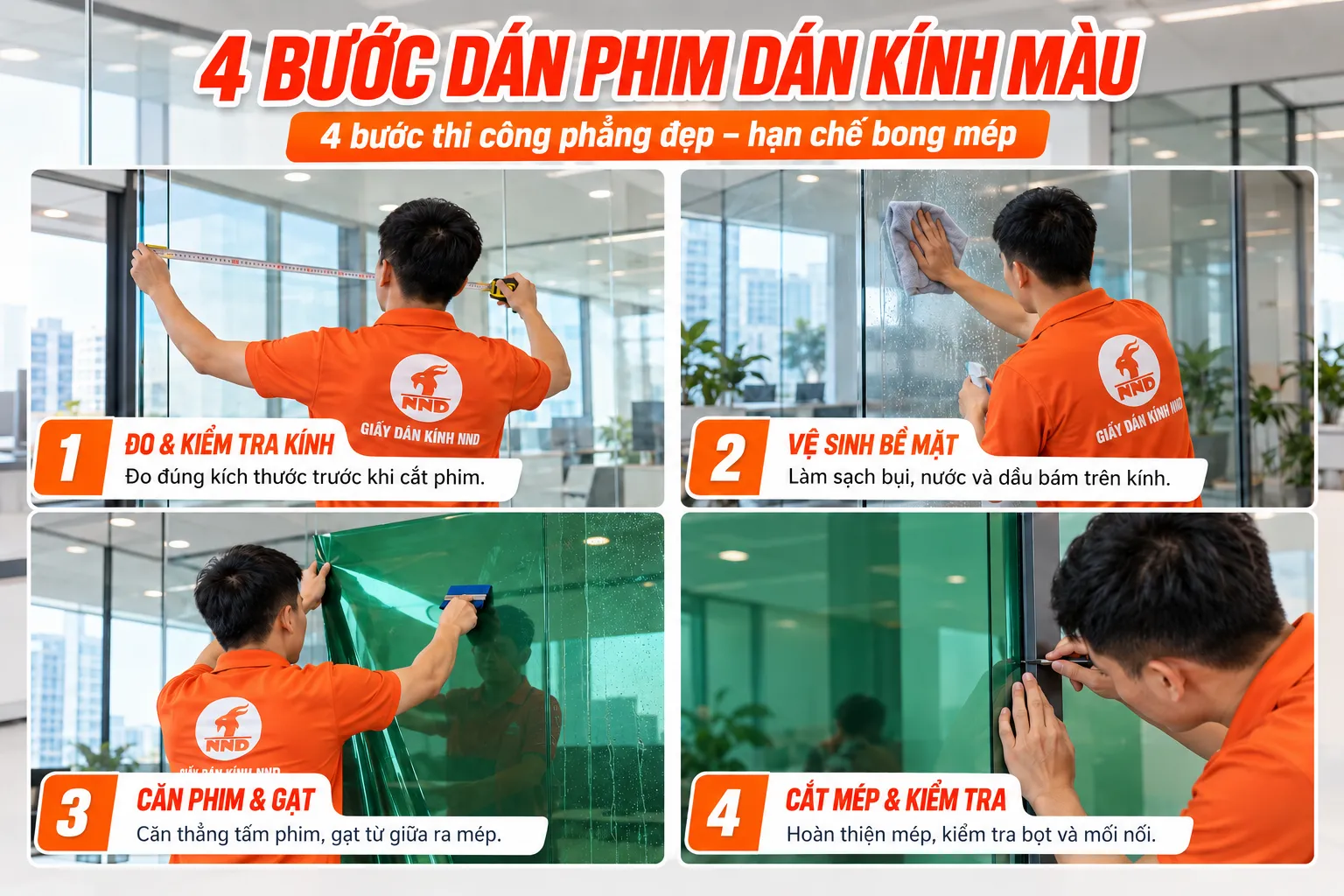 4 bước dán phim dán kính màu gồm đo kính vệ sinh bề mặt căn phim gạt và cắt mép kiểm tra