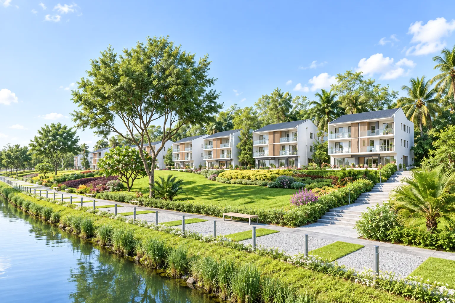 Bối cảnh khu biệt thự Ecopark Văn Giang bên hồ và không gian cây xanh