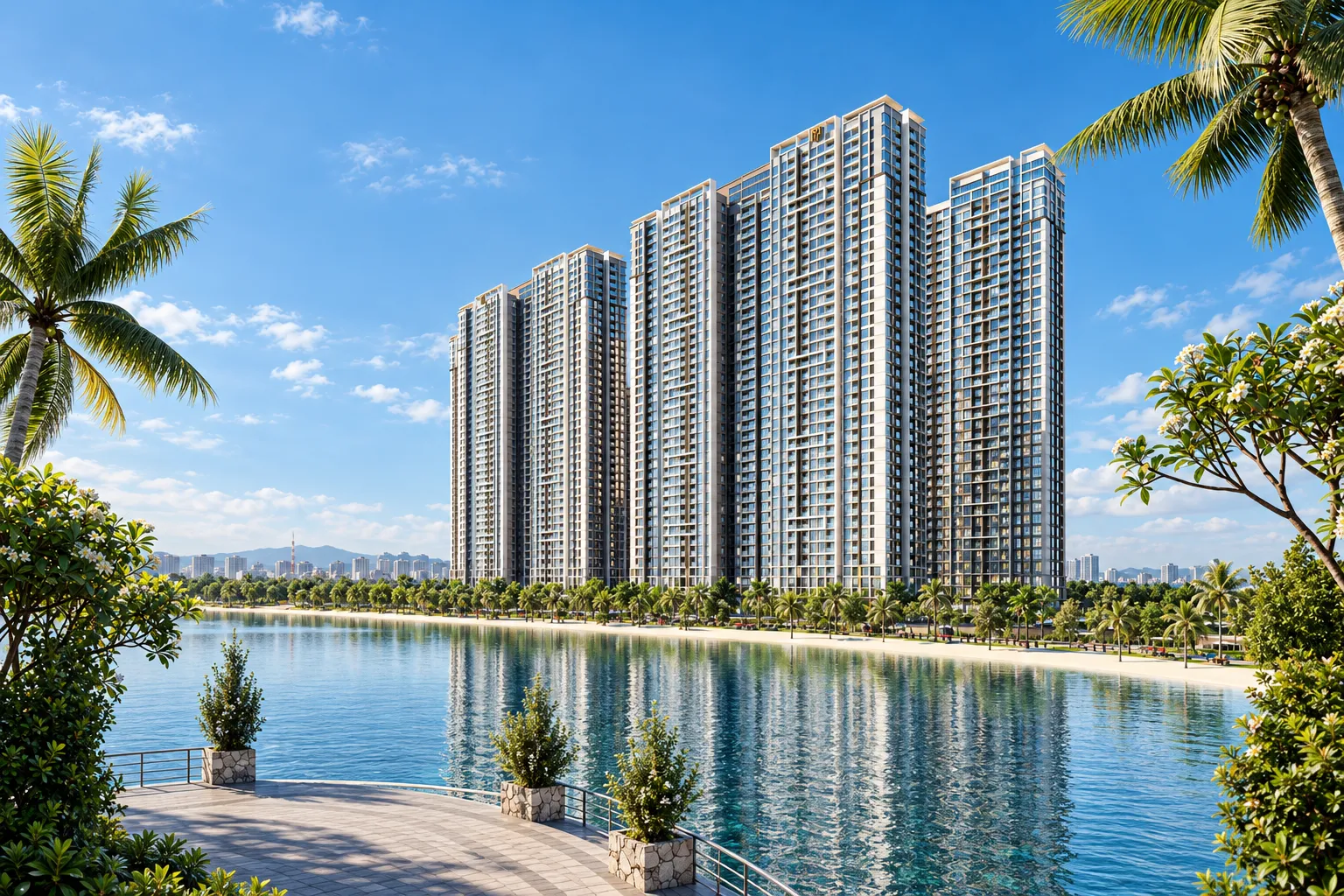 Toàn cảnh khu căn hộ Masteri West Heights nhìn từ khu vực hồ cảnh quan