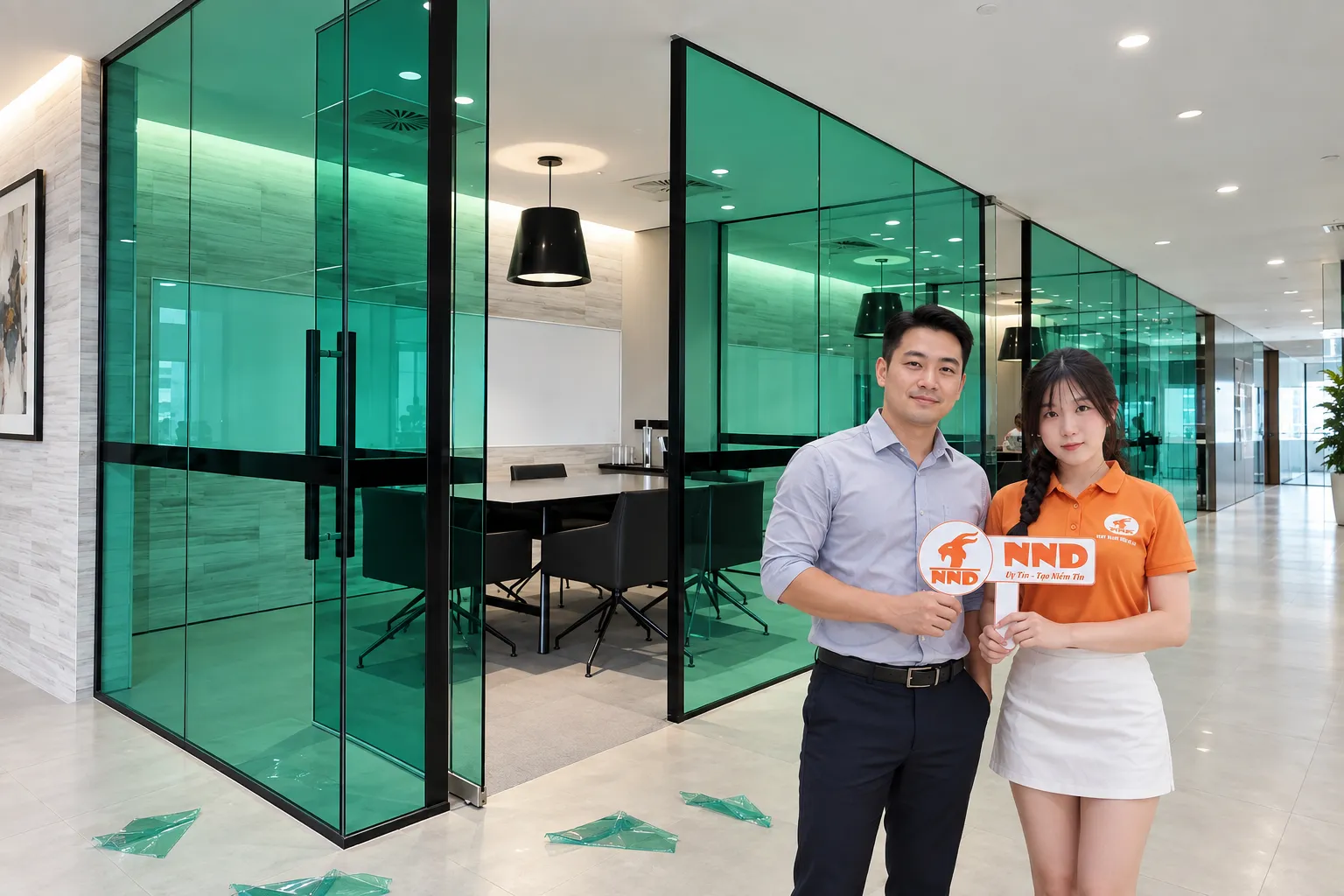 Vách kính phòng họp dán phim màu xanh lá tạo điểm nhấn cho văn phòng