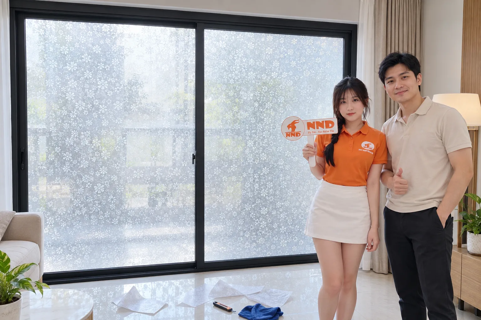 Khách hàng chụp ảnh cùng nhân viên NND trước cửa kính nhà ở dán giấy trang trí hoa văn trắng sau khi hoàn thiện