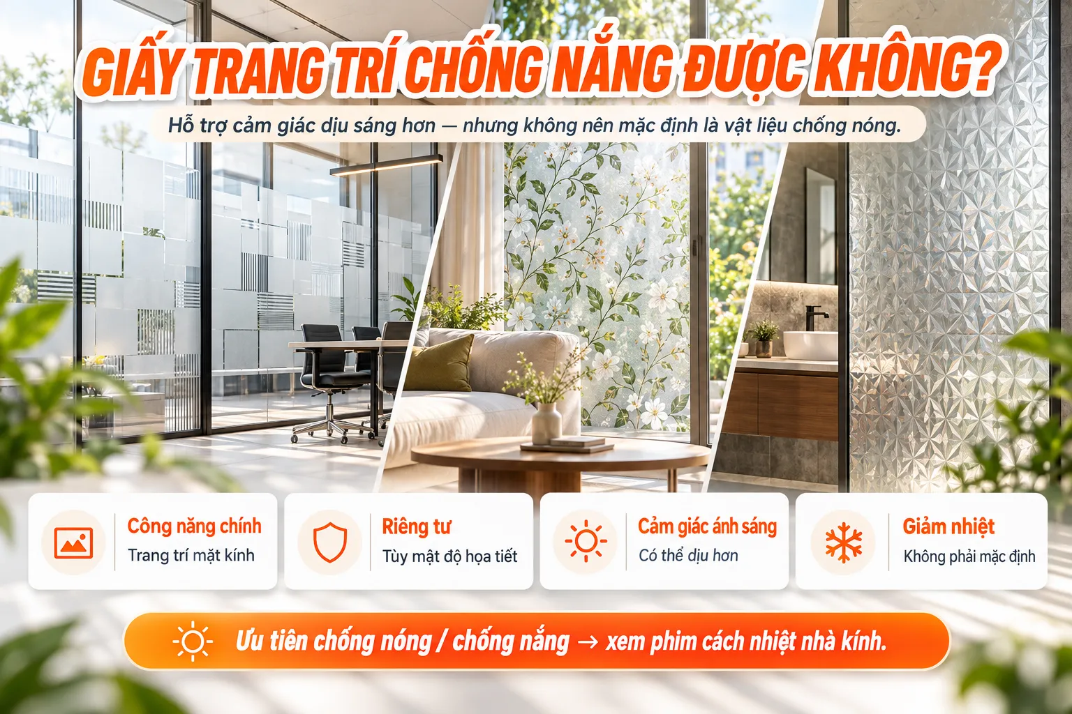 Infographic giải thích giấy dán kính trang trí hỗ trợ dịu sáng và riêng tư nhưng không mặc định có khả năng chống nóng chống nắng