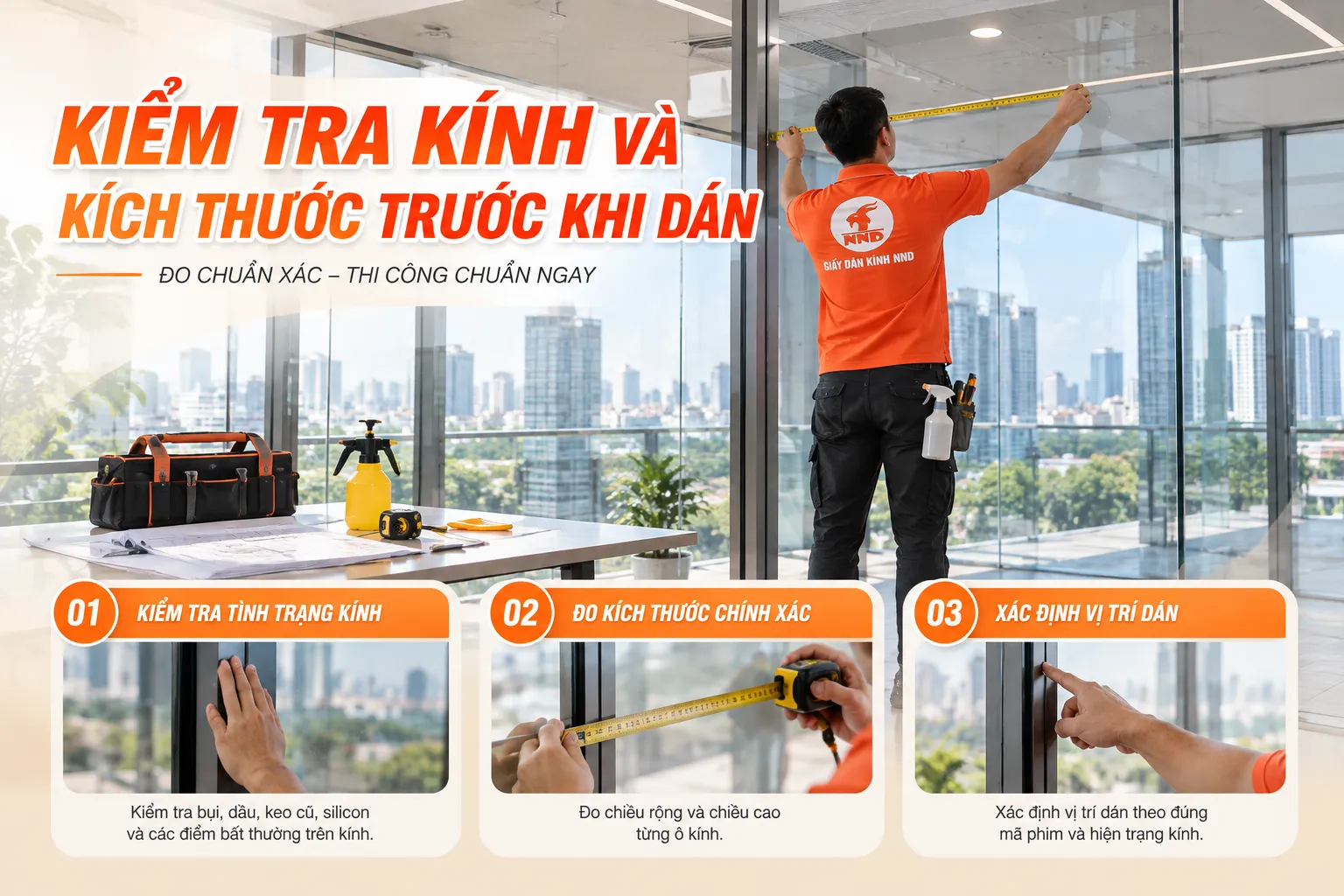 Thợ NND kiểm tra tình trạng kính đo kích thước và xác định vị trí trước khi dán phim dán kính màu