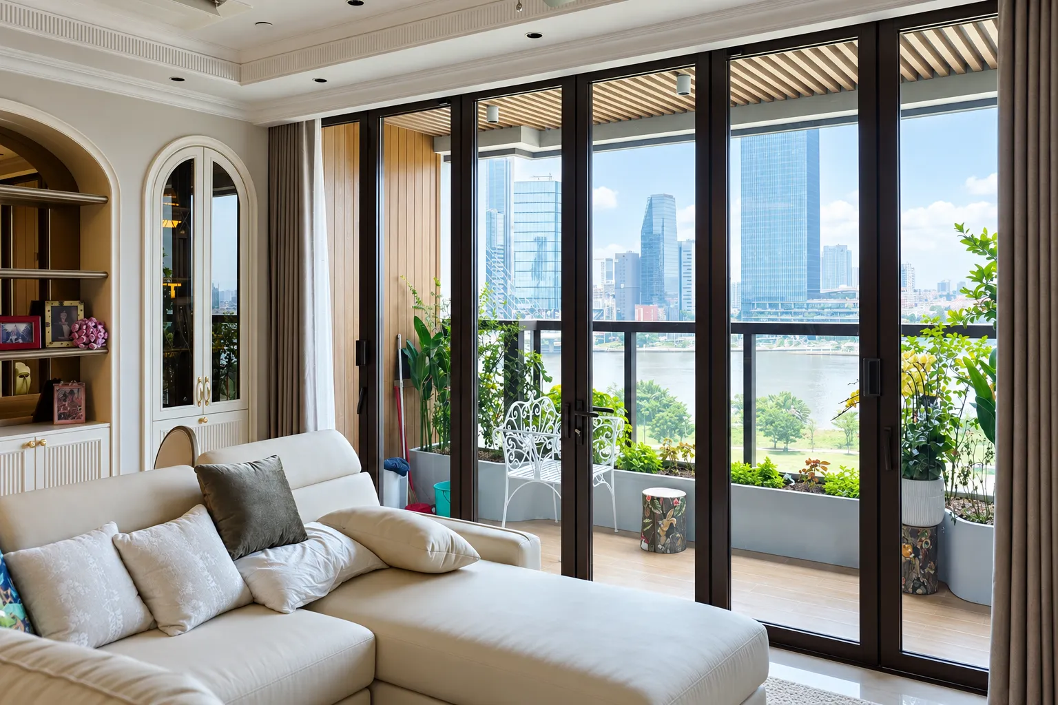 Hệ cửa kính lớn trong không gian phòng khách biệt thự Vinhomes Ocean Park trước khi thi công phim cách nhiệt