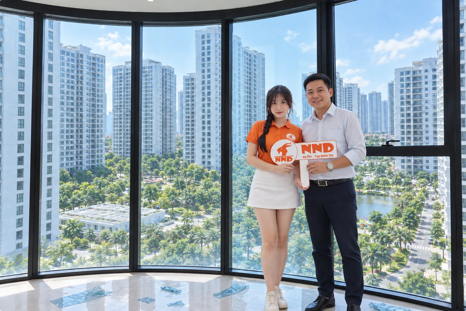 Đại diện khách hàng và nhân viên NND chụp ảnh trước hệ kính căn hộ Vinhomes Times City sau khi hoàn thiện phim cách nhiệt