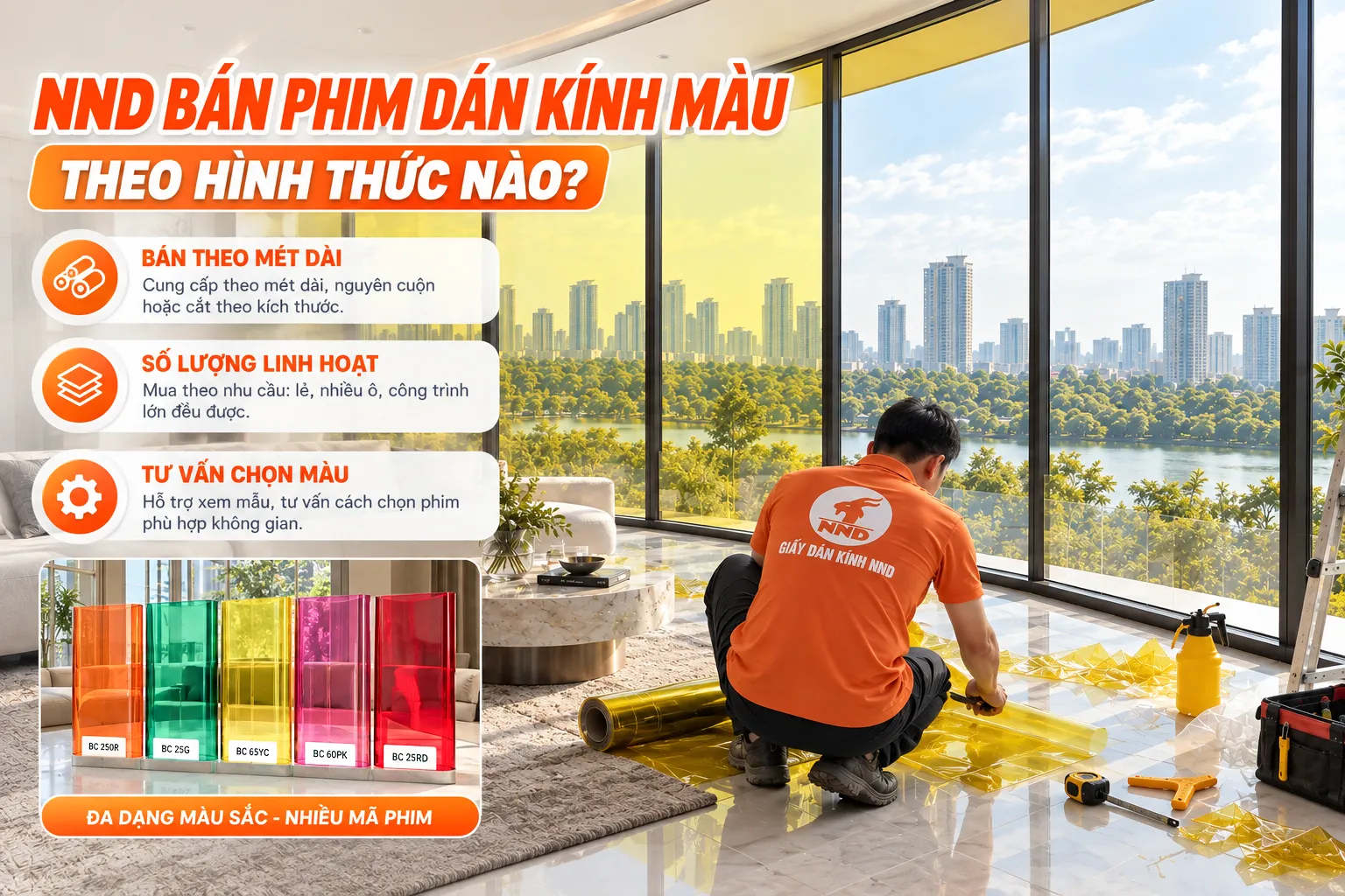 NND bán phim dán kính màu theo mét dài nguyên cuộn hoặc cắt theo kích thước với nhiều màu lựa chọn
