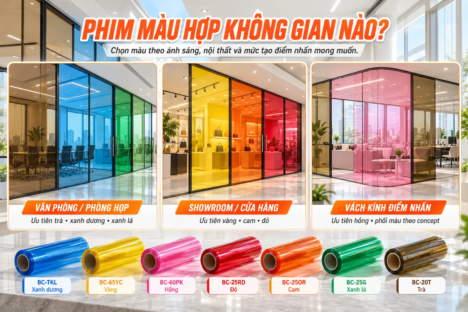 Gợi ý chọn phim dán kính màu cho văn phòng showroom và vách kính trang trí