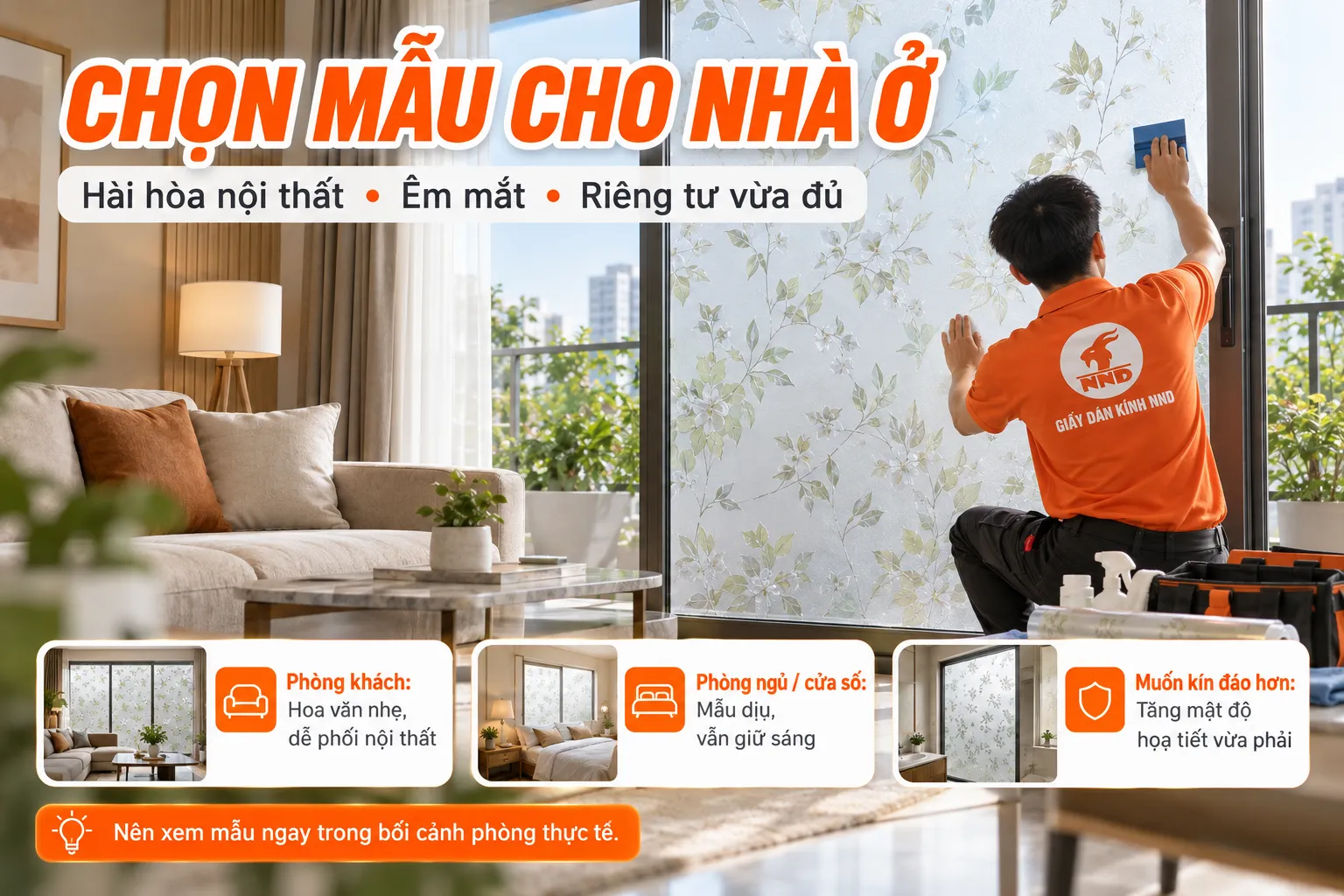 Infographic hướng dẫn chọn giấy dán kính trang trí cho nhà ở theo phòng khách, phòng ngủ và nhu cầu riêng tư
