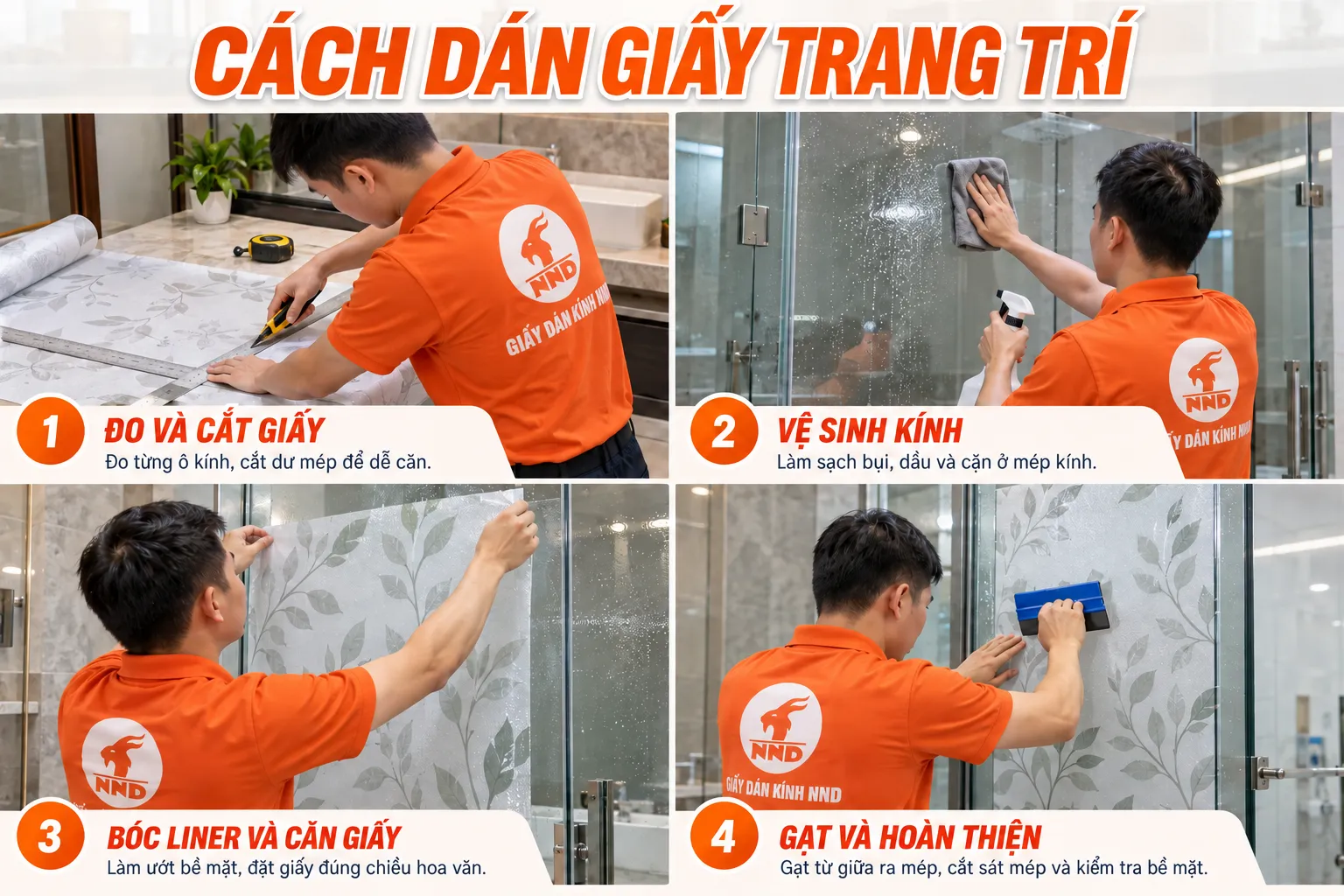 Hướng dẫn 4 bước dán giấy dán kính trang trí từ đo cắt đến gạt hoàn thiện