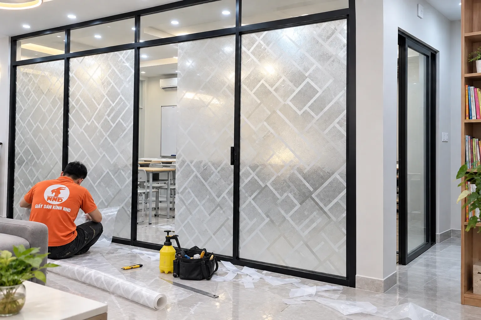 Thợ NND chuẩn bị và cắt giấy dán kính trang trí hoa văn theo kích thước vách kính lớp học