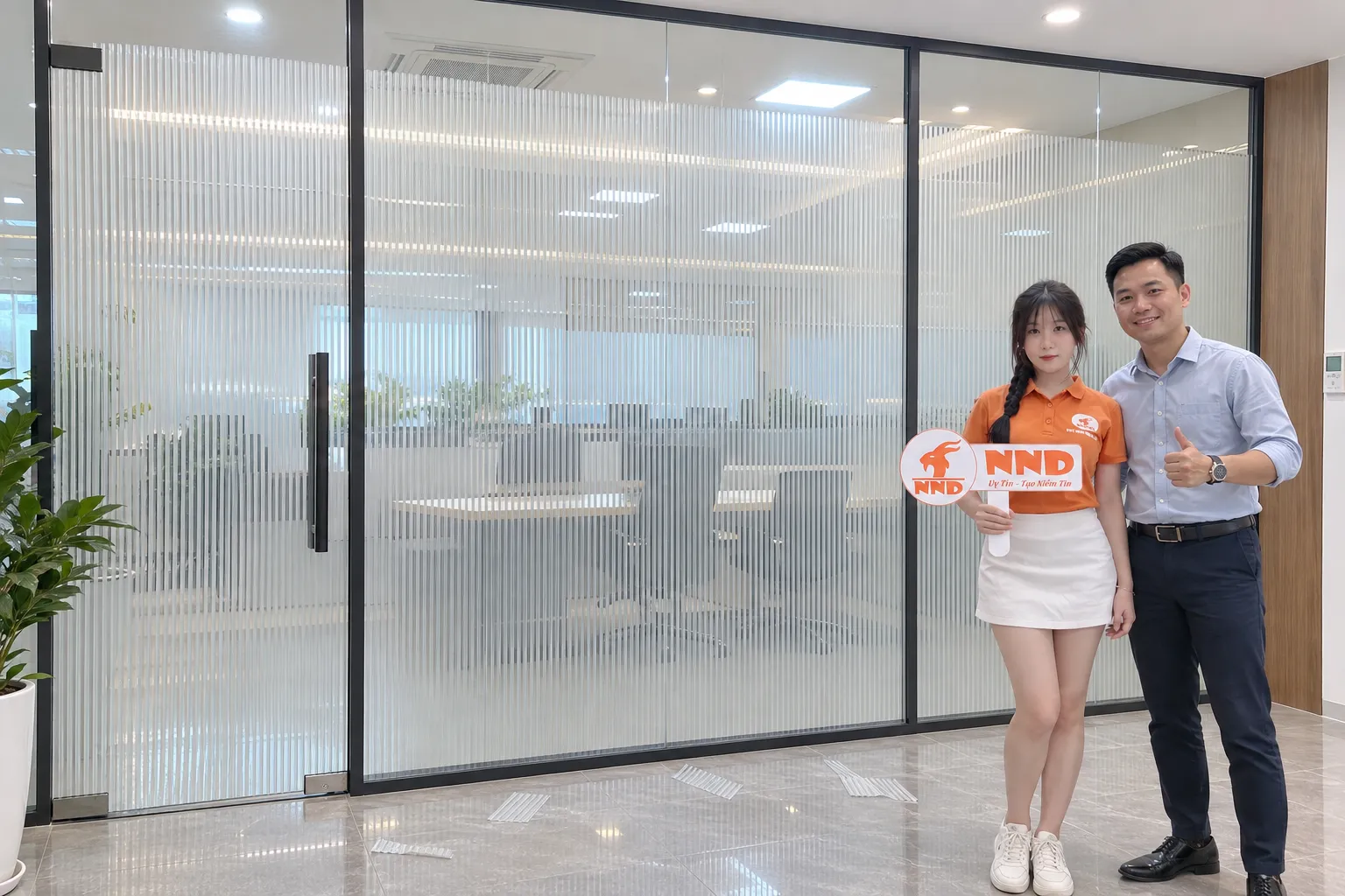 Khách hàng chụp ảnh cùng nhân viên NND trước vách kính văn phòng dán giấy trang trí kẻ sọc tăng riêng tư