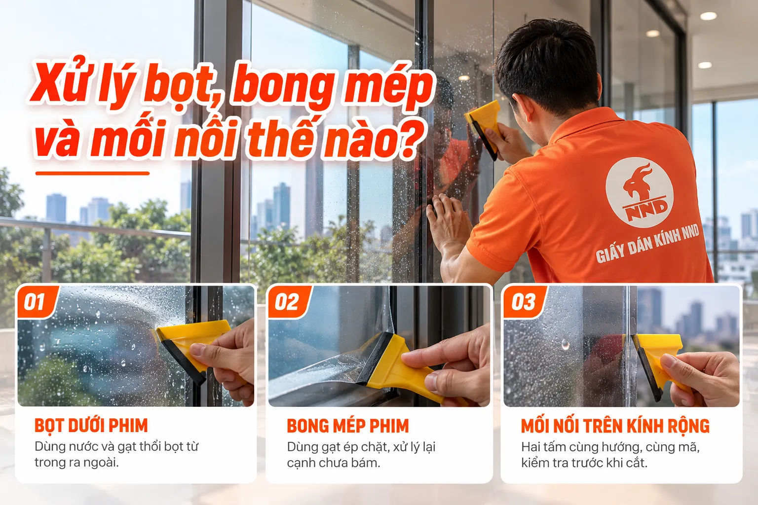 Cách xử lý bọt dưới phim bong mép và mối nối khi thi công phim dán kính màu
