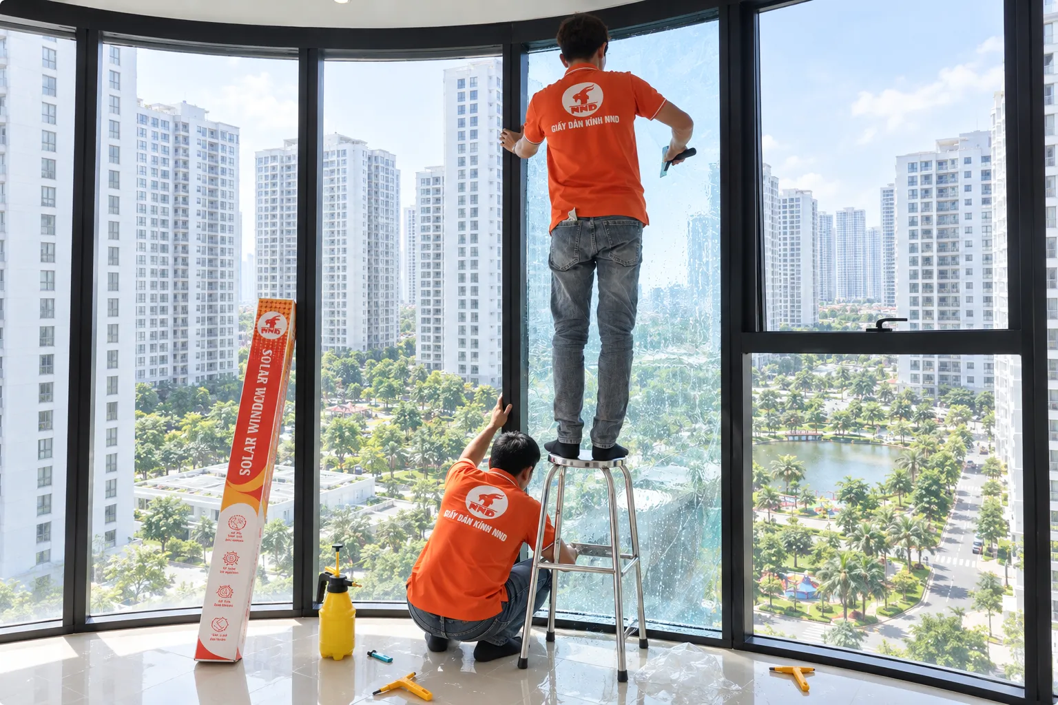 Hai kỹ thuật viên NND thi công phim cách nhiệt trên ô kính lớn tại căn hộ Vinhomes Times City