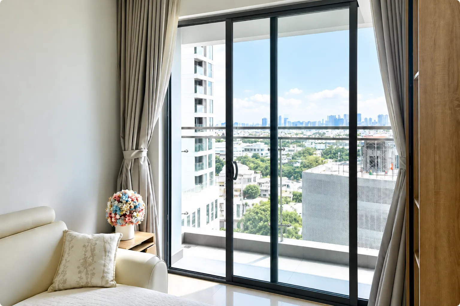 Hệ cửa kính lớn căn hộ Masteri West Heights trước khi dán phim cách nhiệt