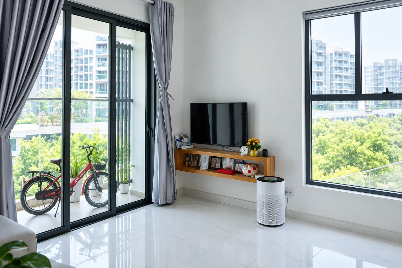 Phòng khách căn hộ Vinhomes Grand Park với cửa kính lớn trước khi dán phim