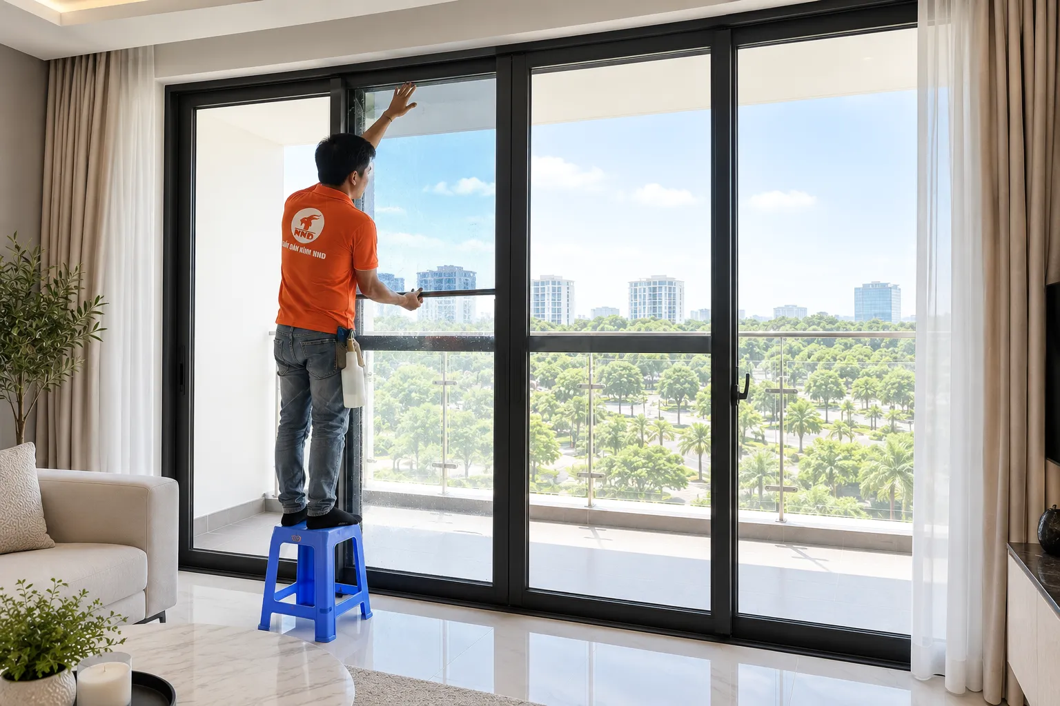 Thợ NND thi công phim cách nhiệt trên hệ cửa kính Phú Mỹ Hưng