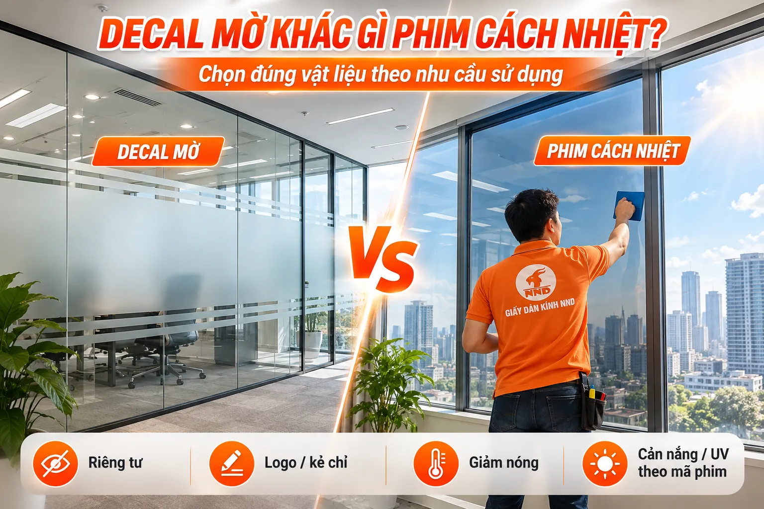 So sánh decal mờ tăng riêng tư với phim cách nhiệt giảm nóng và cản nắng trên cửa kính