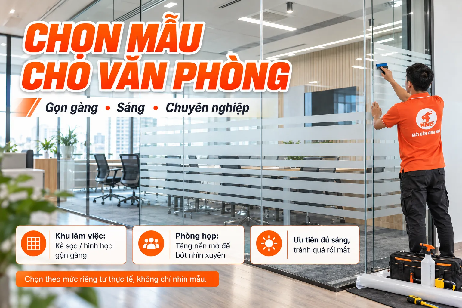 Infographic chọn giấy dán kính trang trí cho văn phòng với mẫu kẻ sọc gọn gàng, sáng và chuyên nghiệp