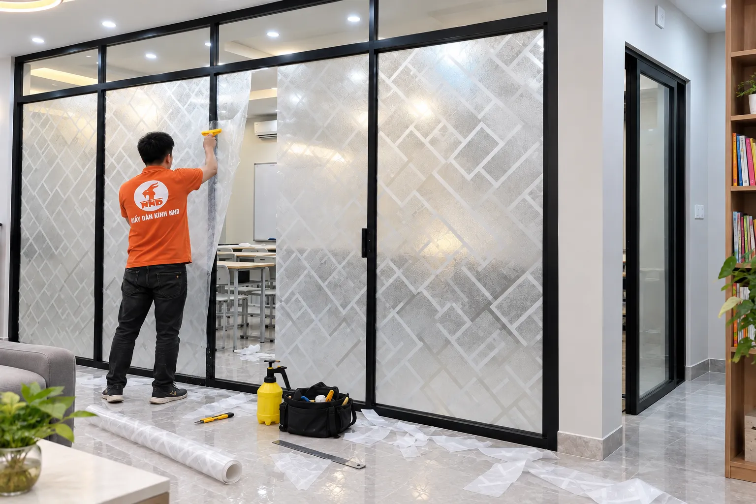 Thợ NND dùng gạt thi công giấy dán kính trang trí hoa văn trên vách kính lớp học