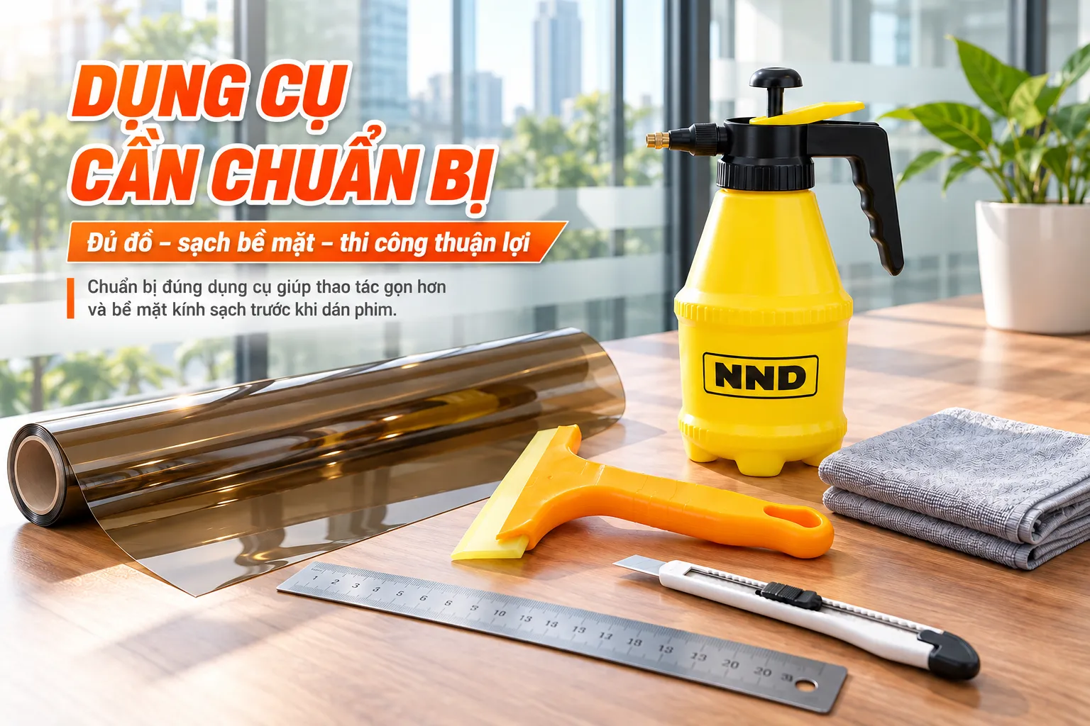 Bộ dụng cụ dán phim dán kính màu gồm cuộn phim bình xịt gạt kính khăn thước và dao cắt