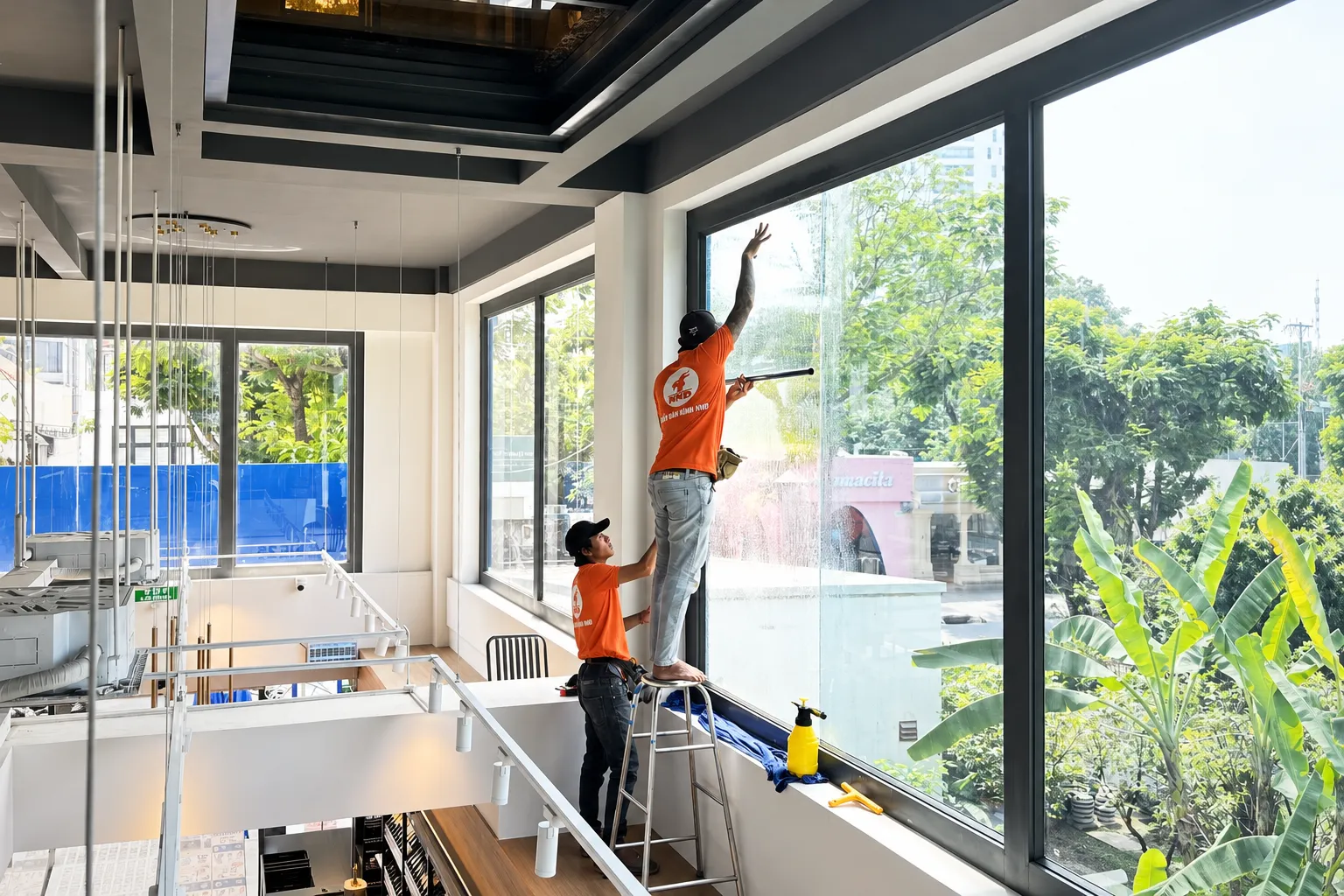 Hai kỹ thuật viên NND căn phim cách nhiệt trên mảng kính lớn tại GS25 CMC Tower