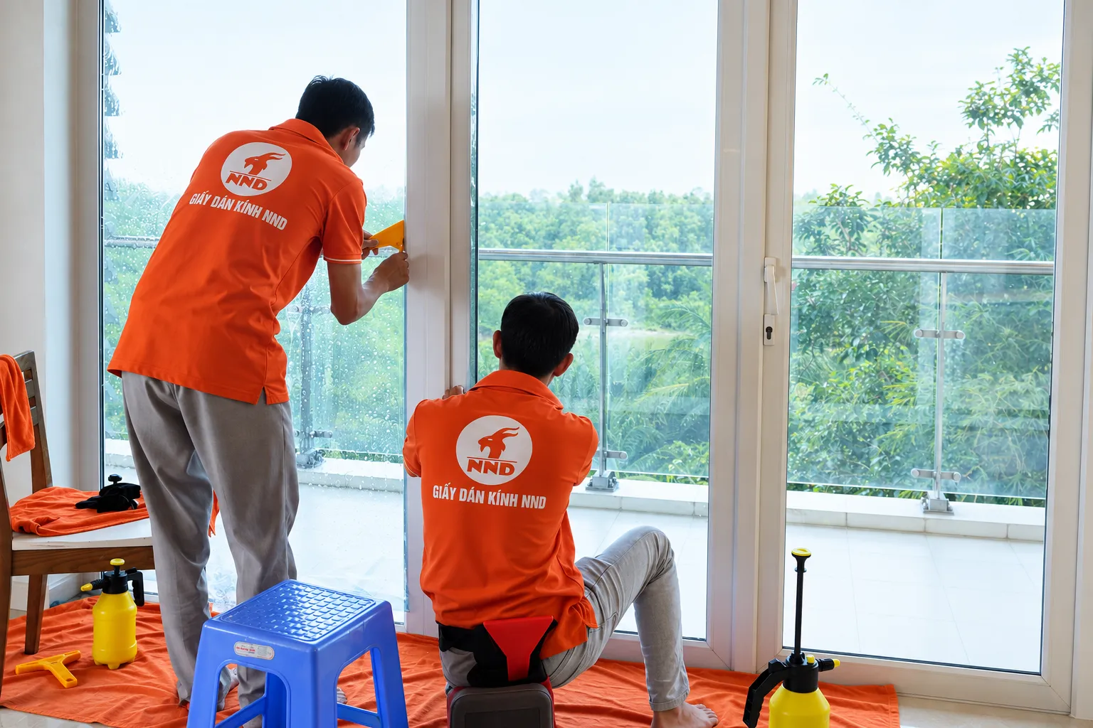 Hai kỹ thuật viên NND thi công phim cách nhiệt trên cửa kính căn hộ Mipec Riverside