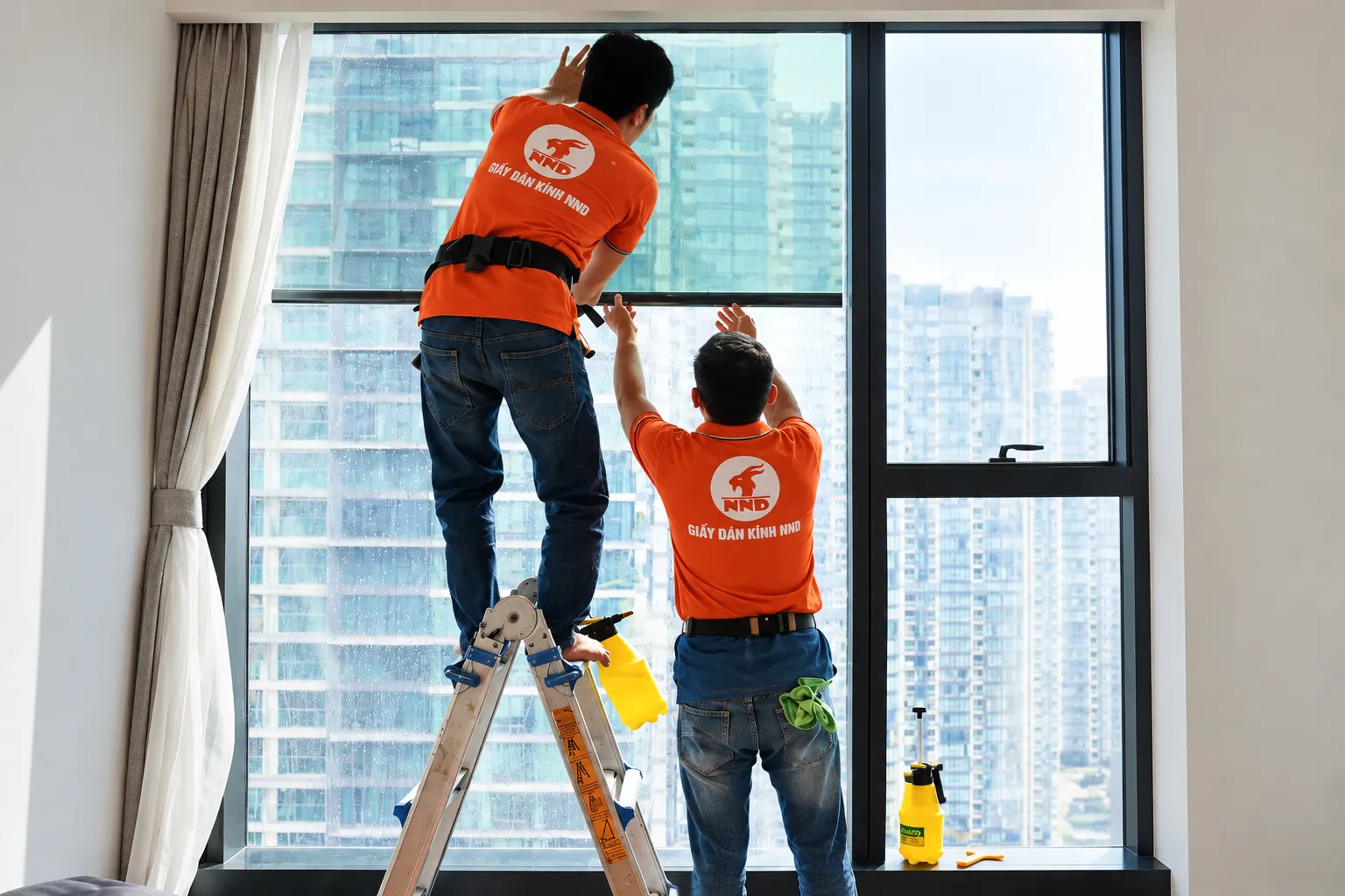 Hai kỹ thuật viên NND thi công phim cách nhiệt trên hệ kính lớn tại căn hộ Halong Marina