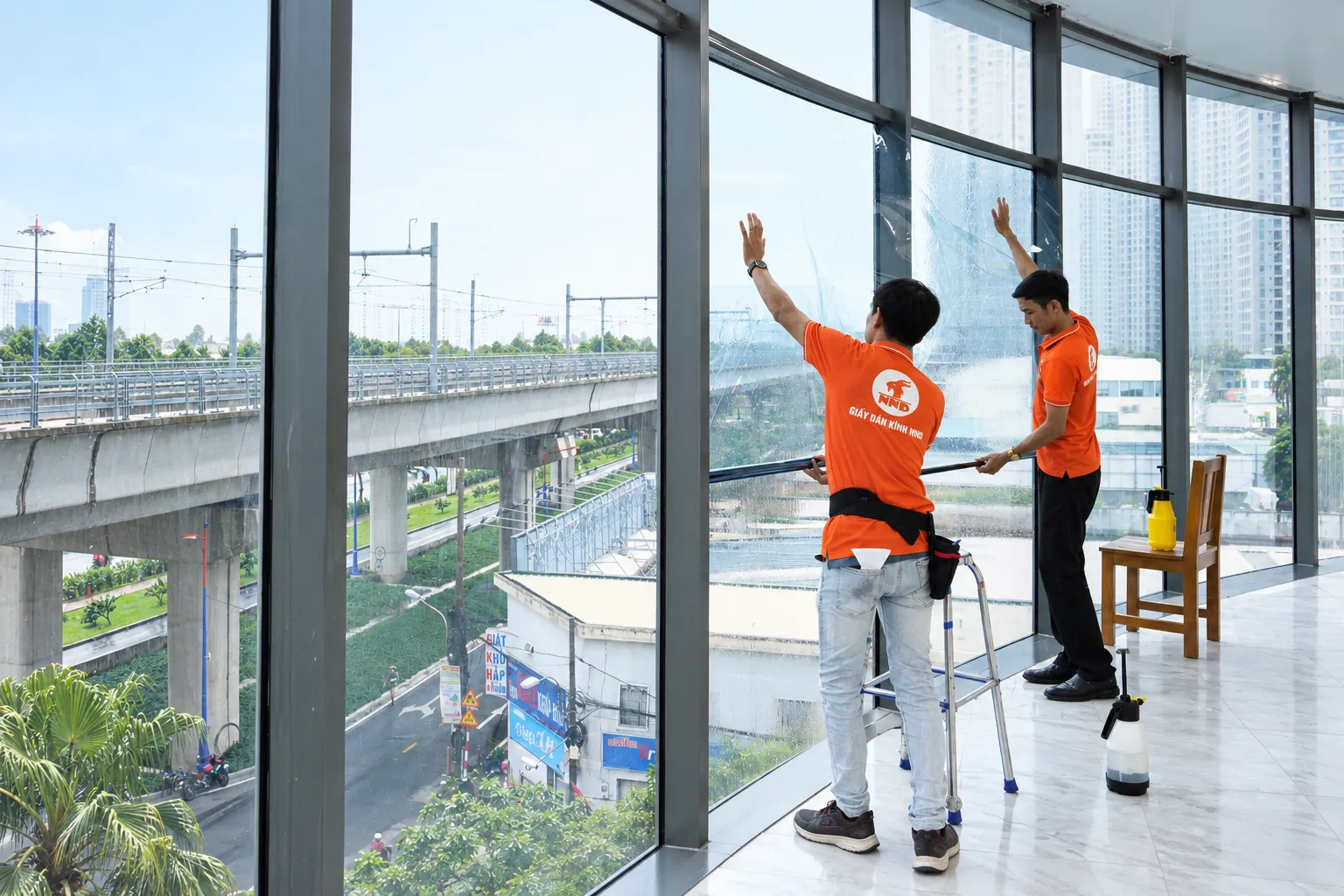 Hai kỹ thuật viên NND căn tấm phim cách nhiệt trên mảng kính lớn tại tòa nhà Sun Square