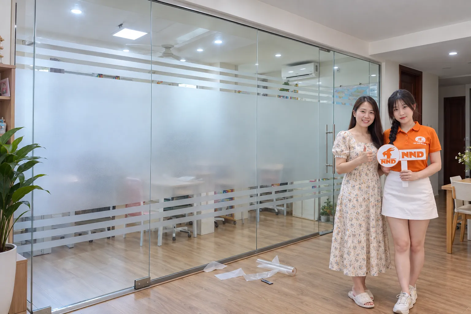 Khách hàng chụp ảnh cùng nhân viên NND trước vách kính phòng học đã dán decal mờ tăng riêng tư