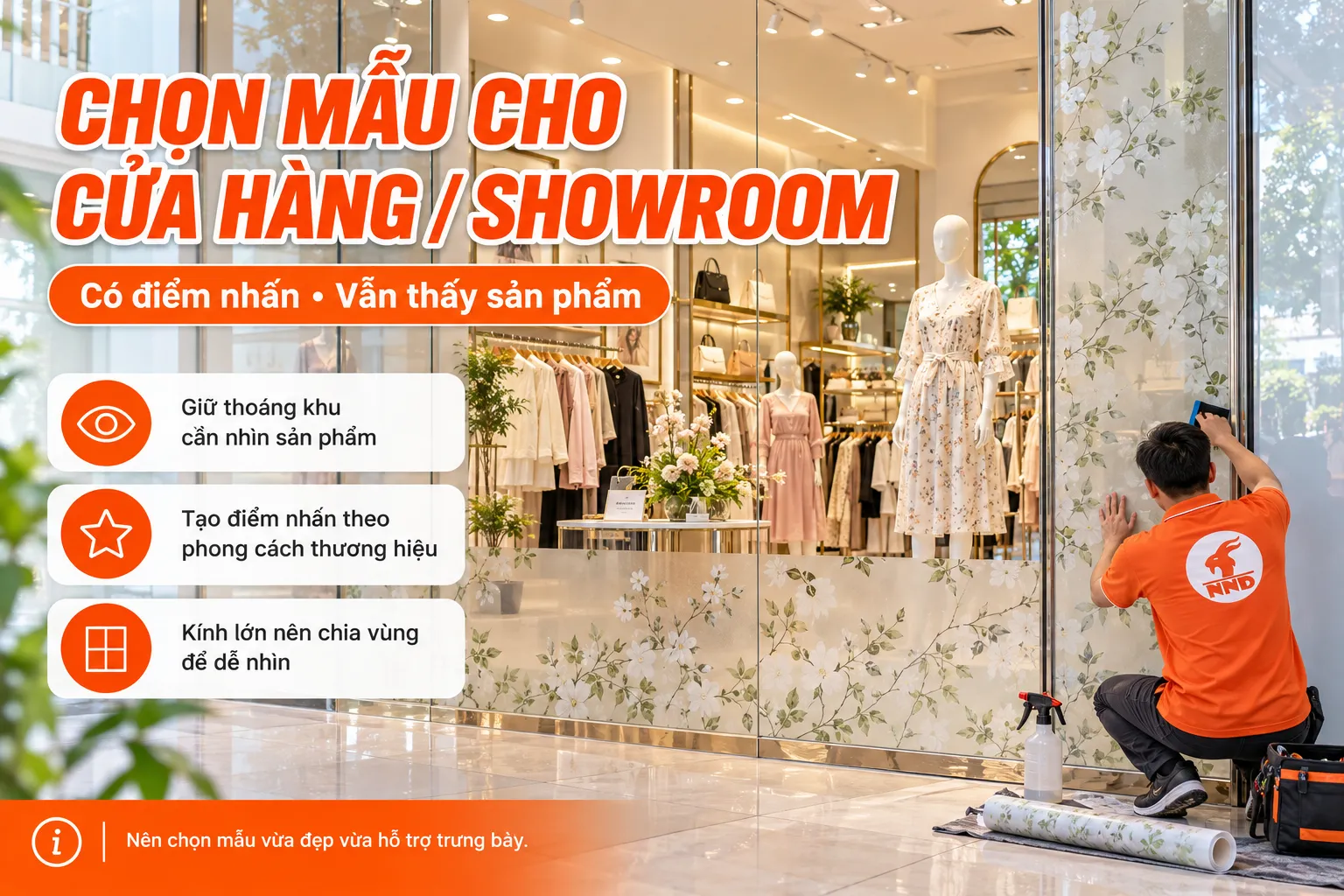 Infographic hướng dẫn chọn giấy dán kính trang trí cho cửa hàng showroom để tạo điểm nhấn nhưng vẫn nhìn thấy sản phẩm